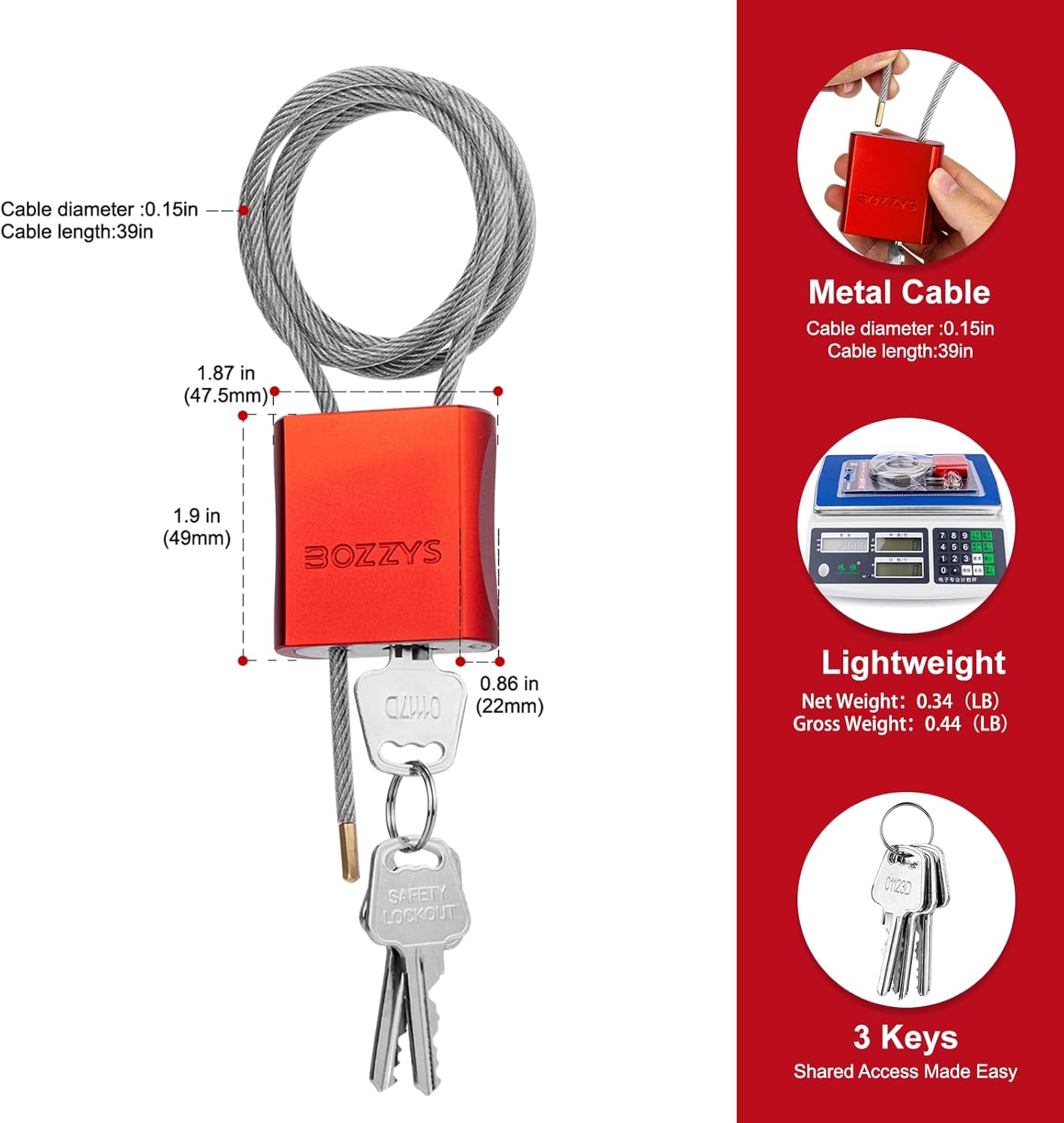 Cable Lock with 3 Keys | L 3.28ft(1m),D 1/6in(4mm) Adjustable Steel Cable Padlock | Aluminum Locks for Bikes, Gate, Lockers & Outdoor Gear | Weatherproof & Red