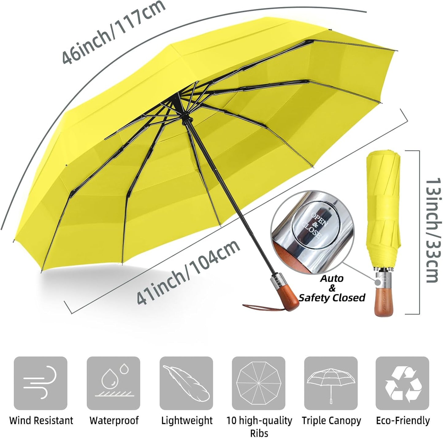 Umbrellas for Rain, Heavy-Duty Windproof Travel Umbrella — Auto Open/Close, Vented Triple-Layer Canopy, 10 Fiberglass Ribs, Folding Design, Large Coverage, Wooden Handle