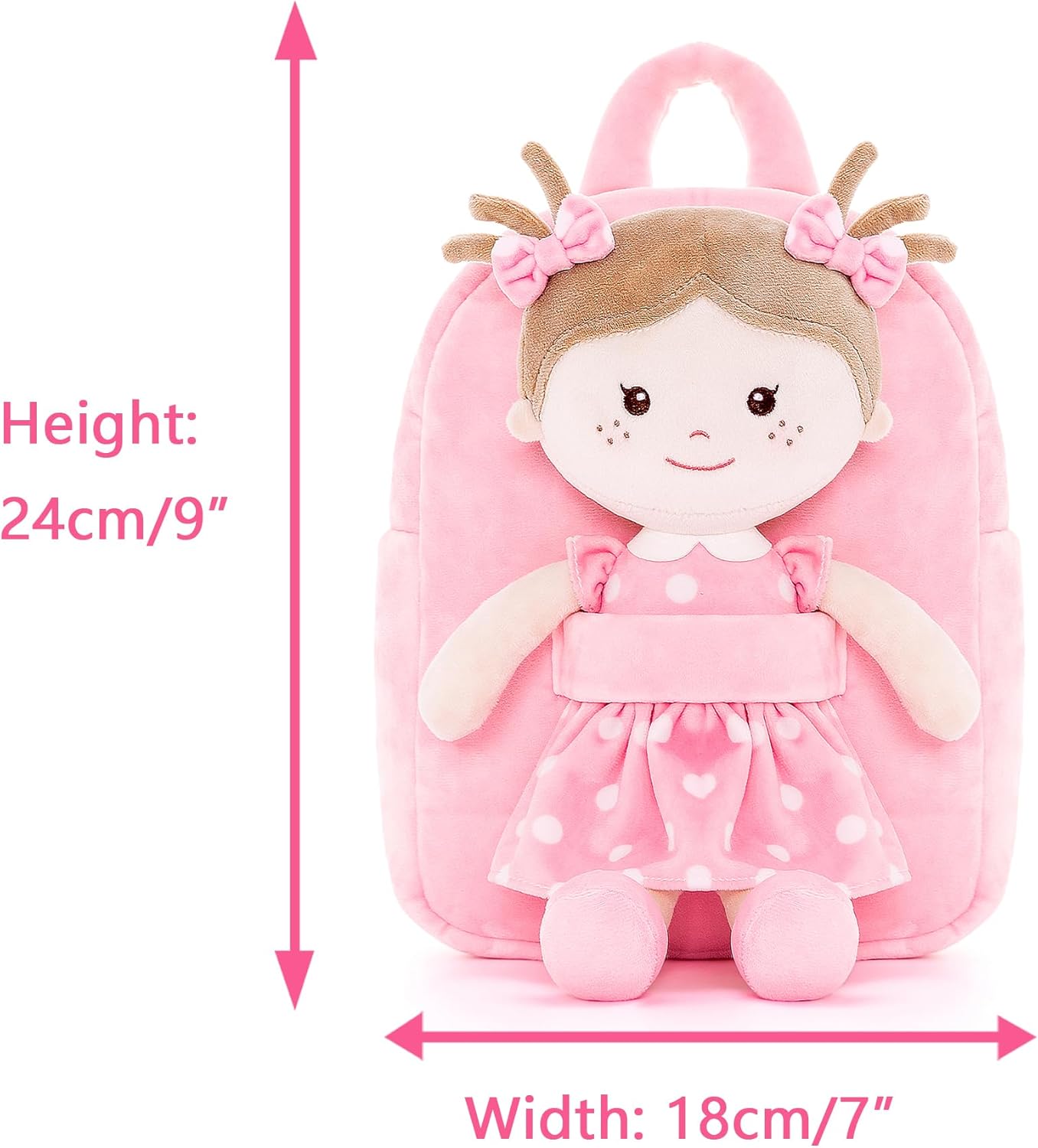 Onetoo Toddler Backpack Kids Backpacks with Soft Light Baby Dolls in Pink Polka Dots Dress 9.5"