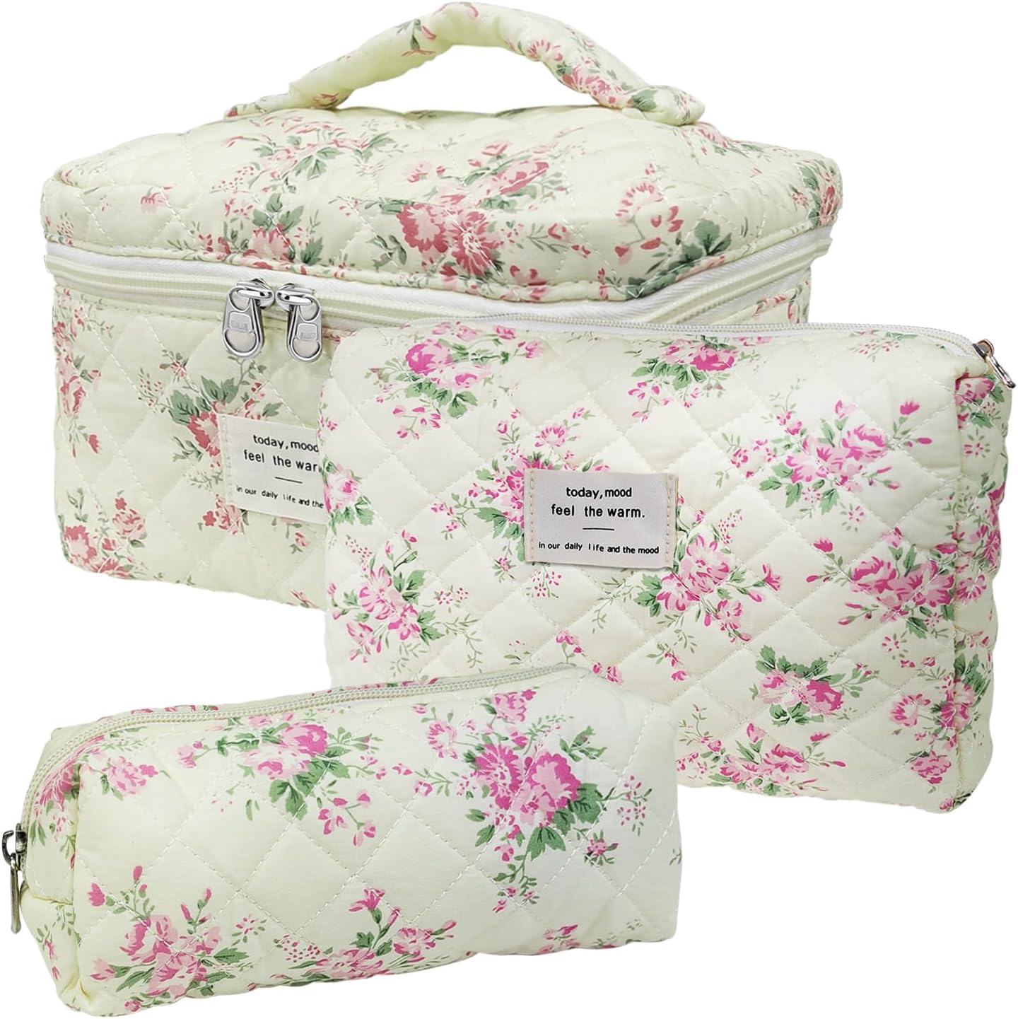 Quilted Makeup Bag, Large Capacity Travel Cosmetic Bag for Women and Girls, Aesthetic Storage, Suitable for Daily and Travel Use (3pcs-PinkRose)