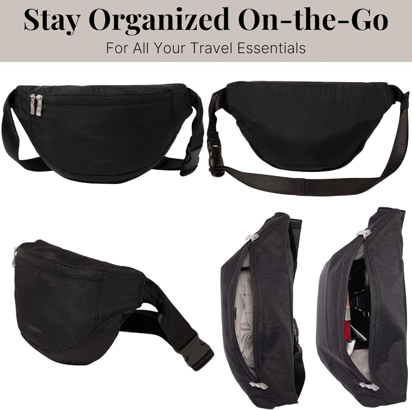 Baggallini Style Swift Belt Bag Sling Bag - Lightweight 12"x7" Crossbody Bag Fanny Pack Belt w/RFID
