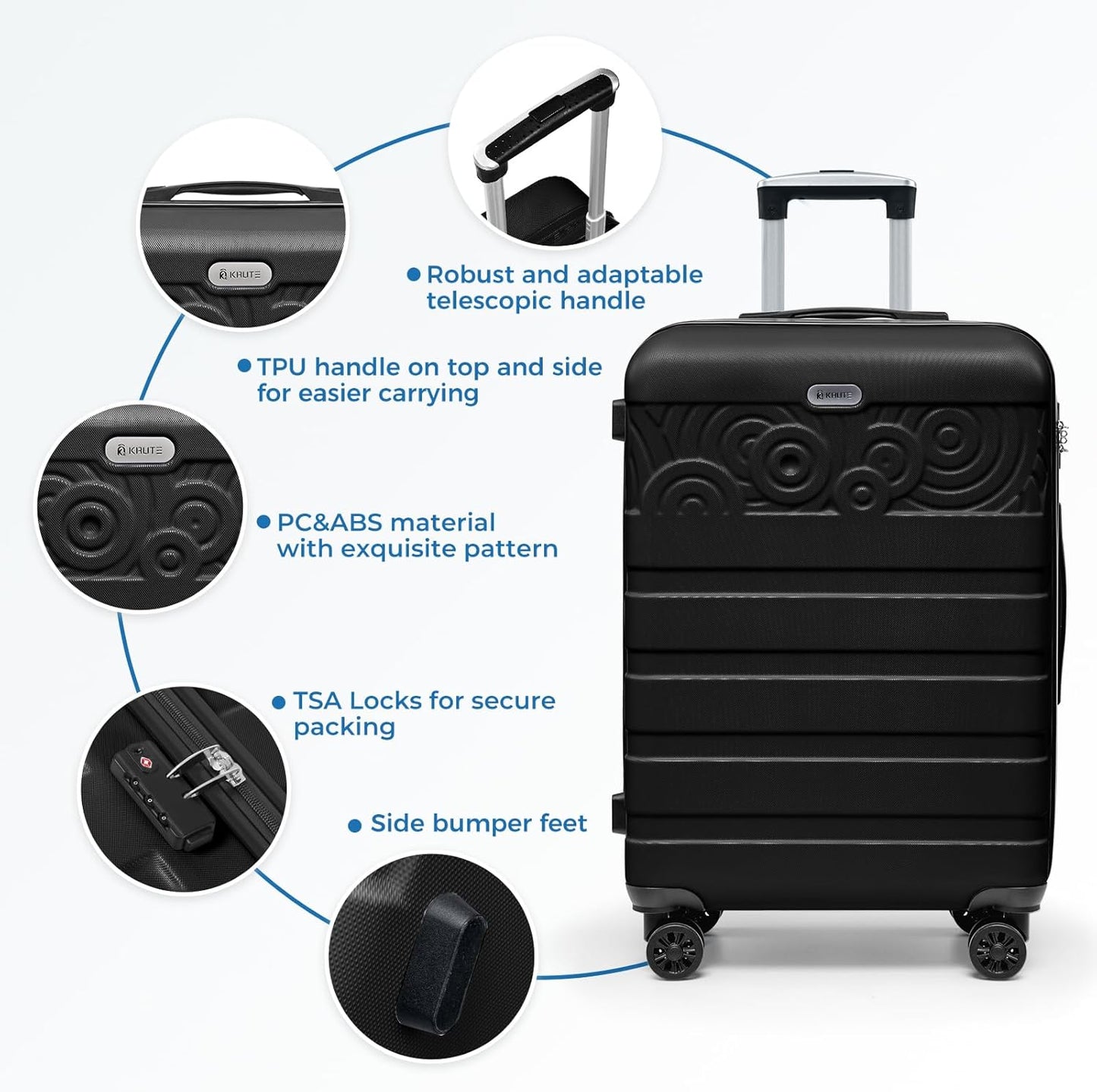 Krute Luggage 24 Inch Suitcases with Wheels Checked Lightweight PC ABS TSA Lock Hard Side Travel Suitcase