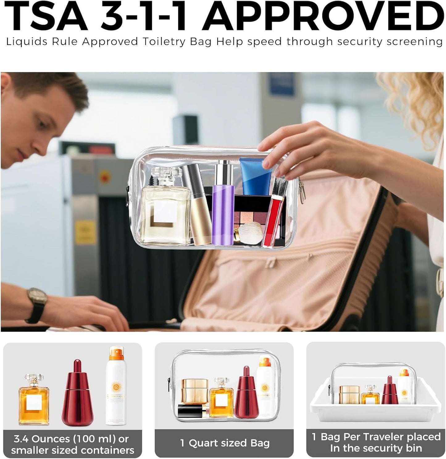 AURUZA Clear Makeup Bag,Portable Travel Toiletry Bags with Zipper, TSA Approved Clear Organizer Bags, PVC Cosmetic Pouch for Airport Airline Compliant