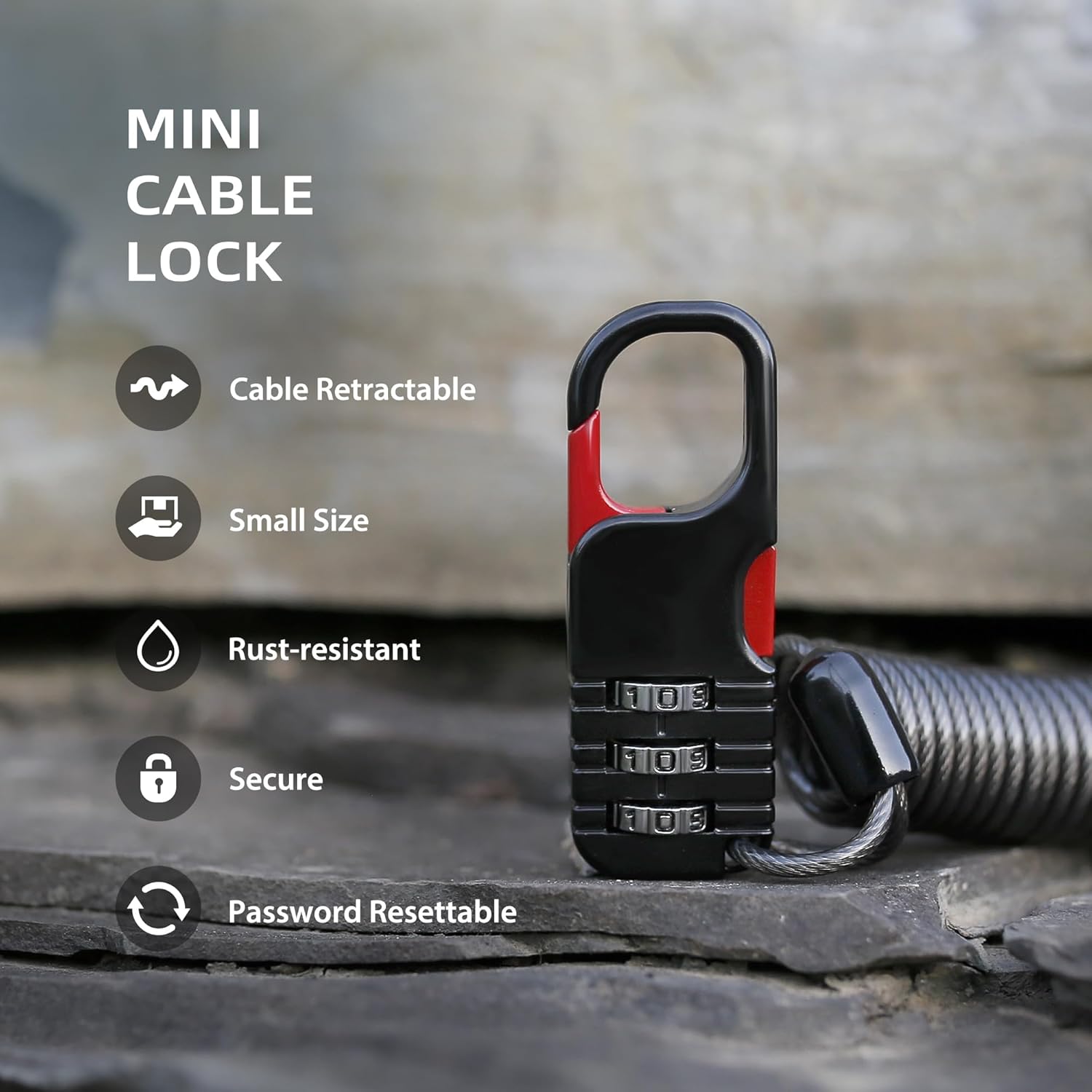 Small Combination Lock with Retractable Cable (36in/91cm), Thin Cable Locks with Combination Code