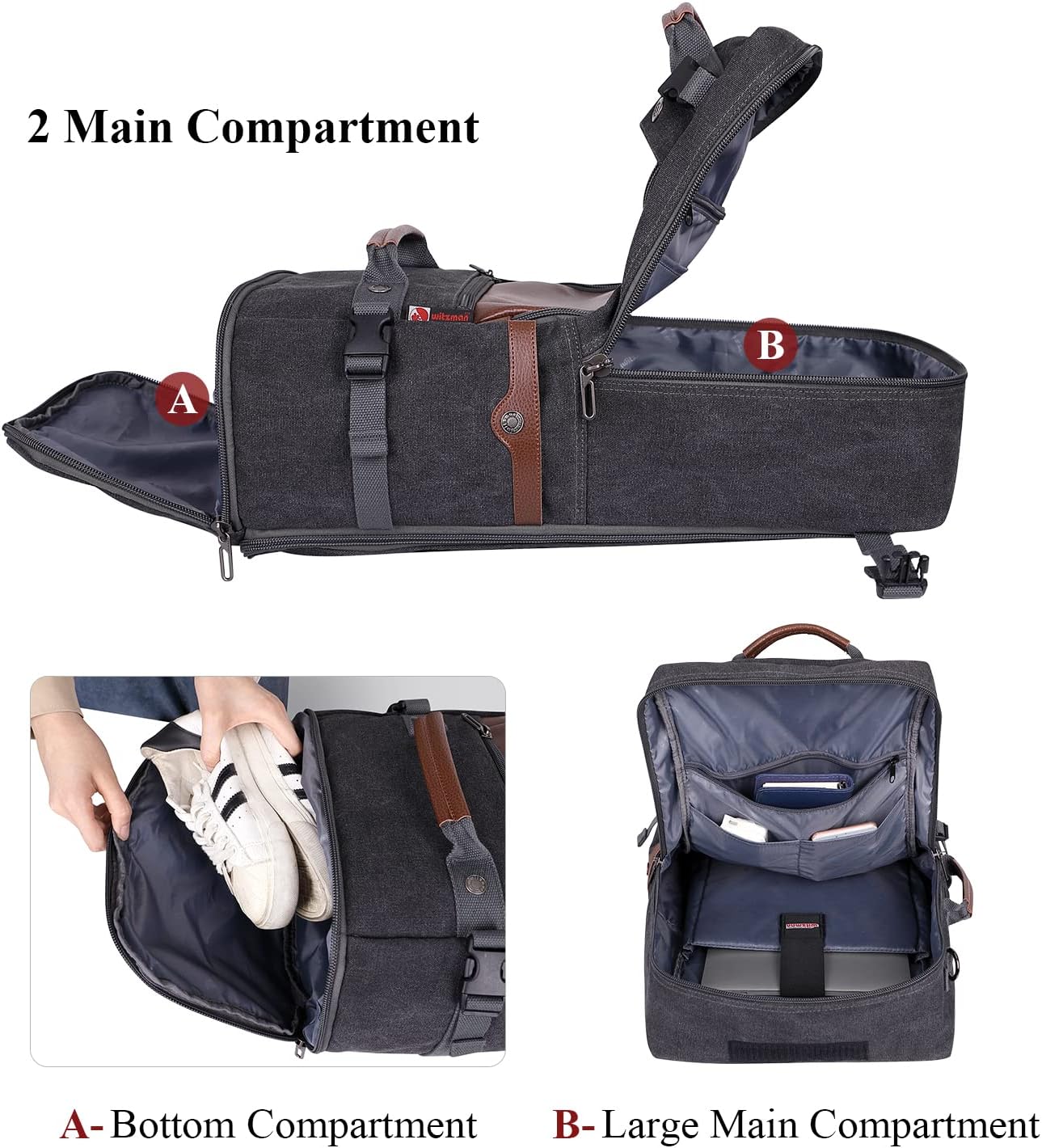 WITZMAN Travel Backpack for Men Women Carry on Luggage Backpack Canvas Rucksack Duffel bag with Shoe Compartment（A2021 big size black）