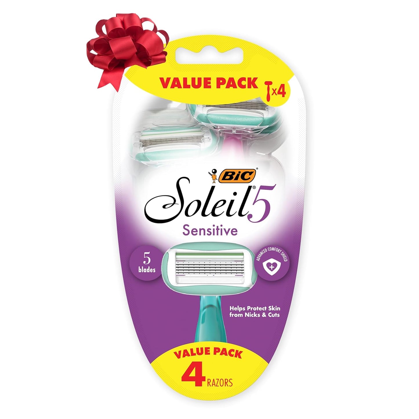 BIC Soleil 5 Sensitive Women's Disposable with 5 Blade Razors, Water Activated Moisture Strip and Anti-Slip Grip, 4-Pack, Holiday Gift