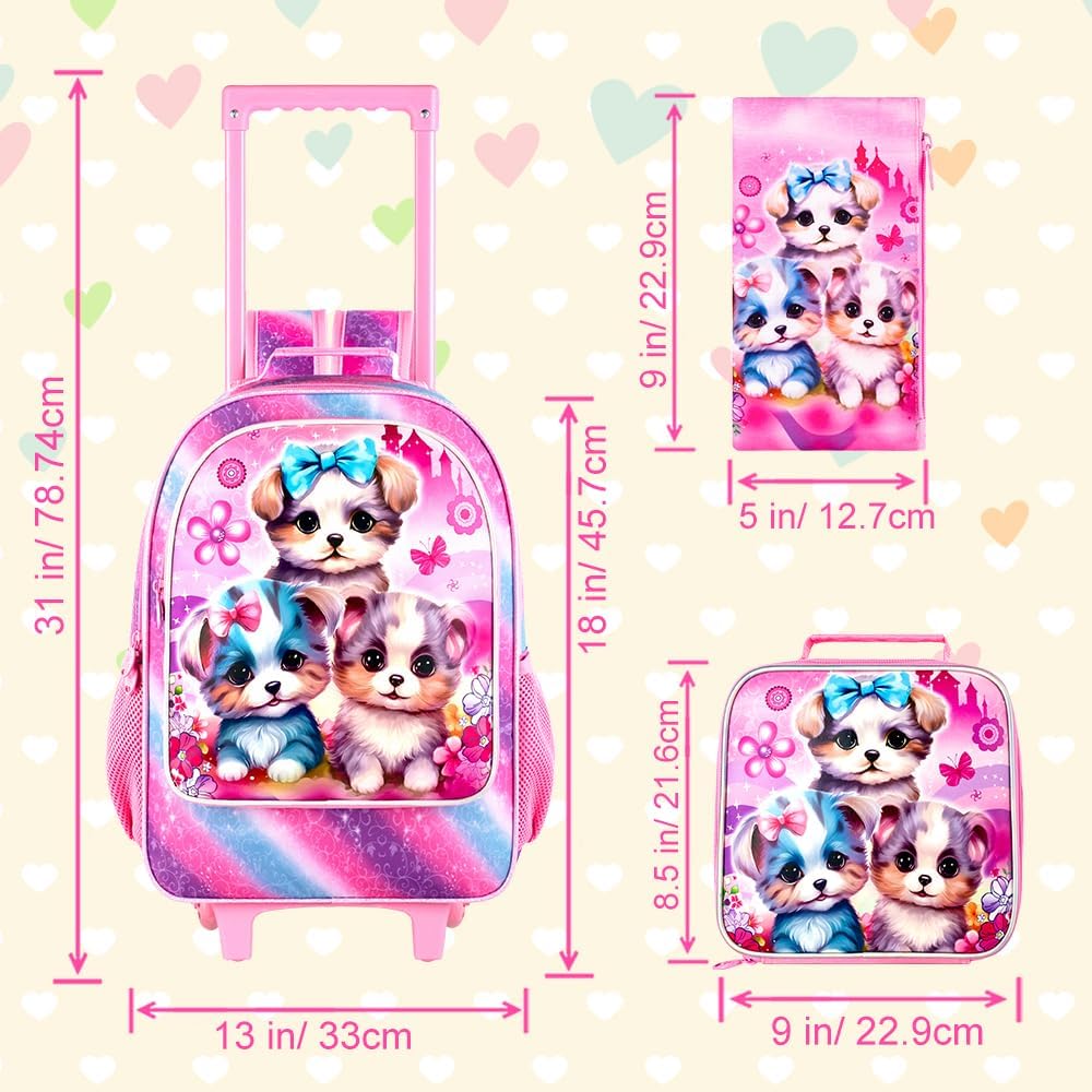 3PCS Rolling Backpack for Girls and Boys, Kids Roller Wheels Bookbag, Wheeled Elementary School Bag with Lunch Bag