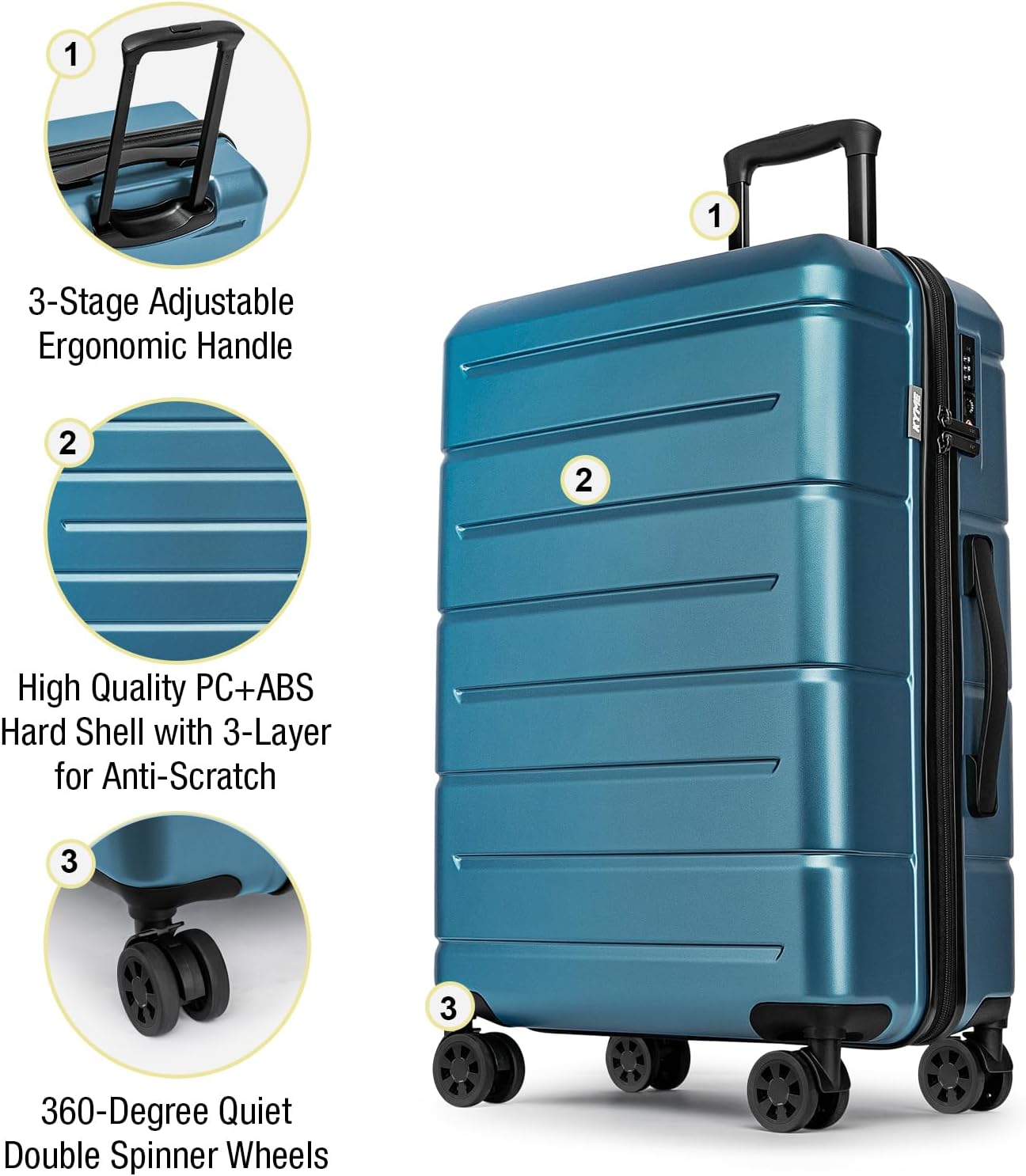 KYME Large Suitcases with Wheels Hardshell 28 Inch Luggage TSA Approved Big Checked Luggage Durable Travel Rolling Suitcase for Women Men Light Blue