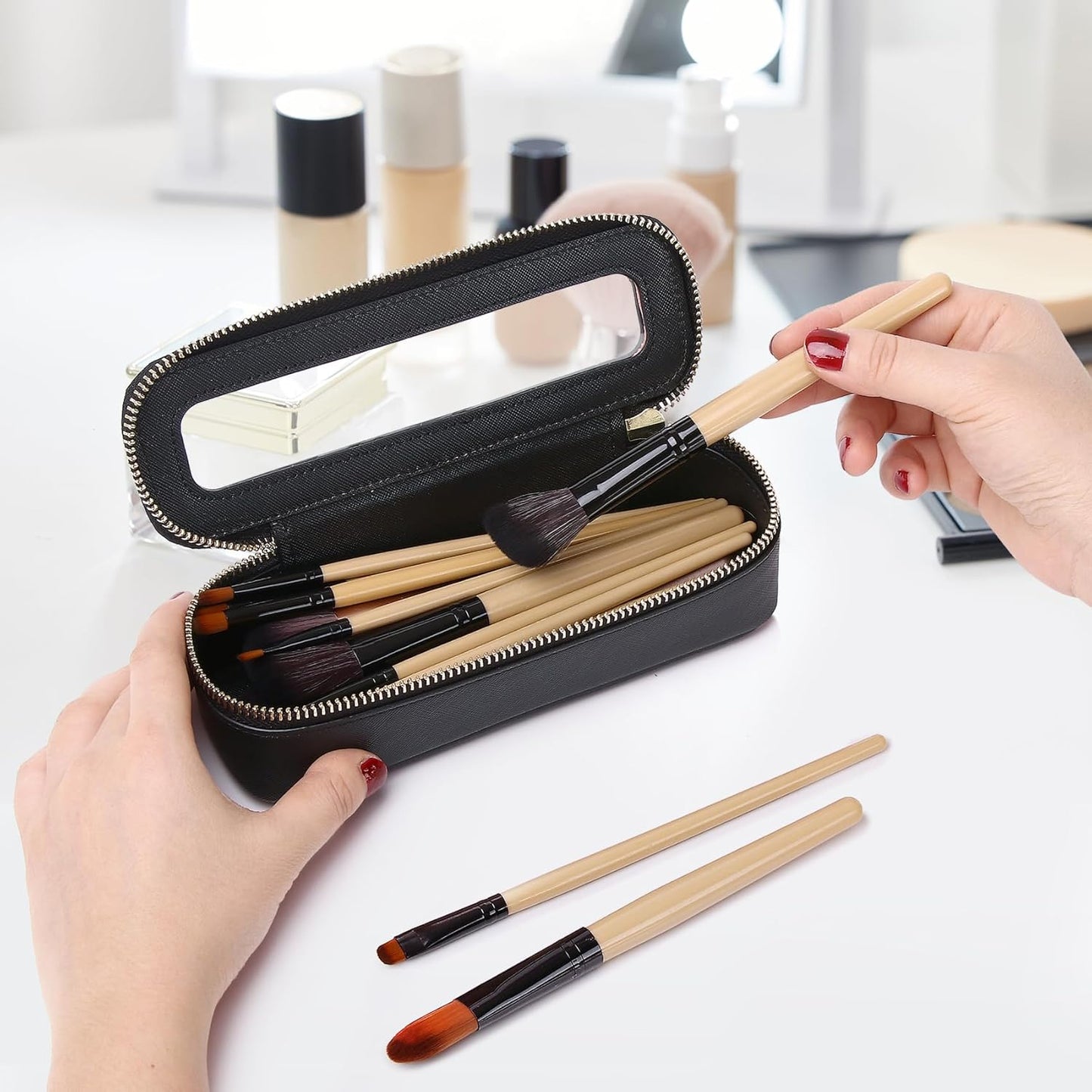 Makeup Brush Case Slim Clear Makeup Bag Travel Cosmetic Case and Waterproof Toiletry Makeup Bag with Zipper Purse Organizer for Women (Black, Slim)