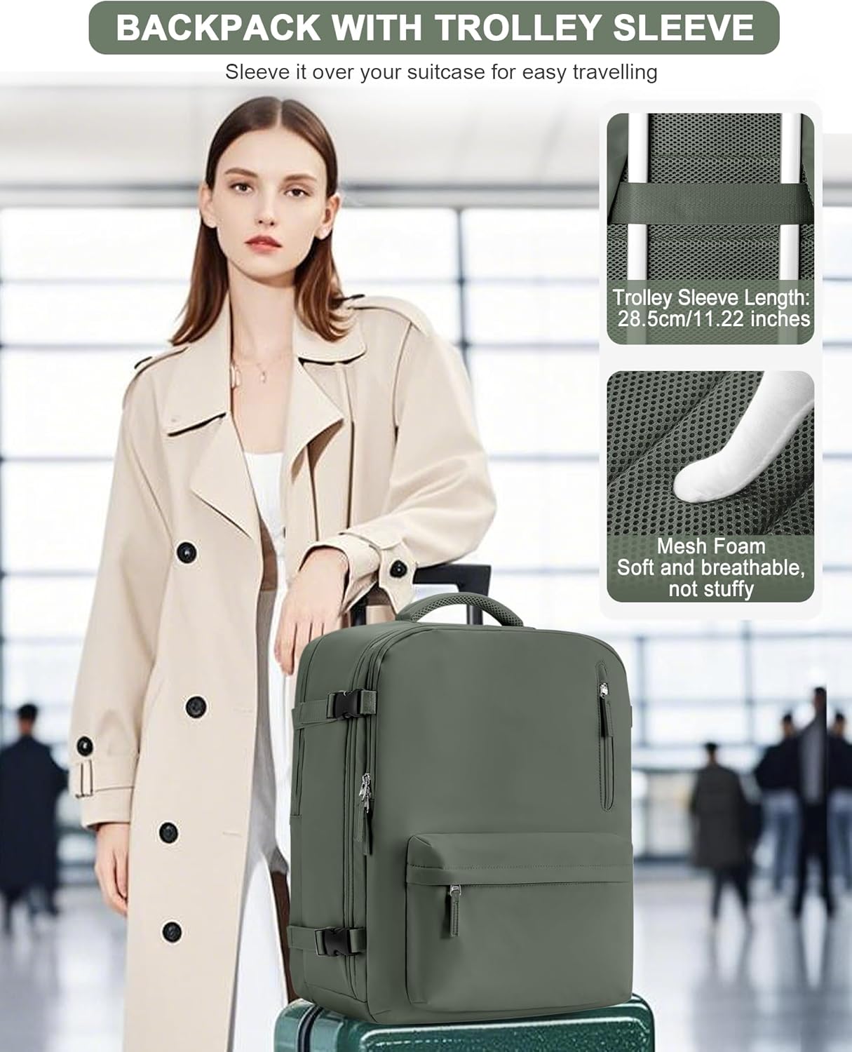 VGCUB Travel Backpack for Women Men for Spirit Airlines Personal Item Bag 18x14x8 Inches Laptop College Backpack,Waterproof Carry on Flight Approved Work Backpack,Large Army green