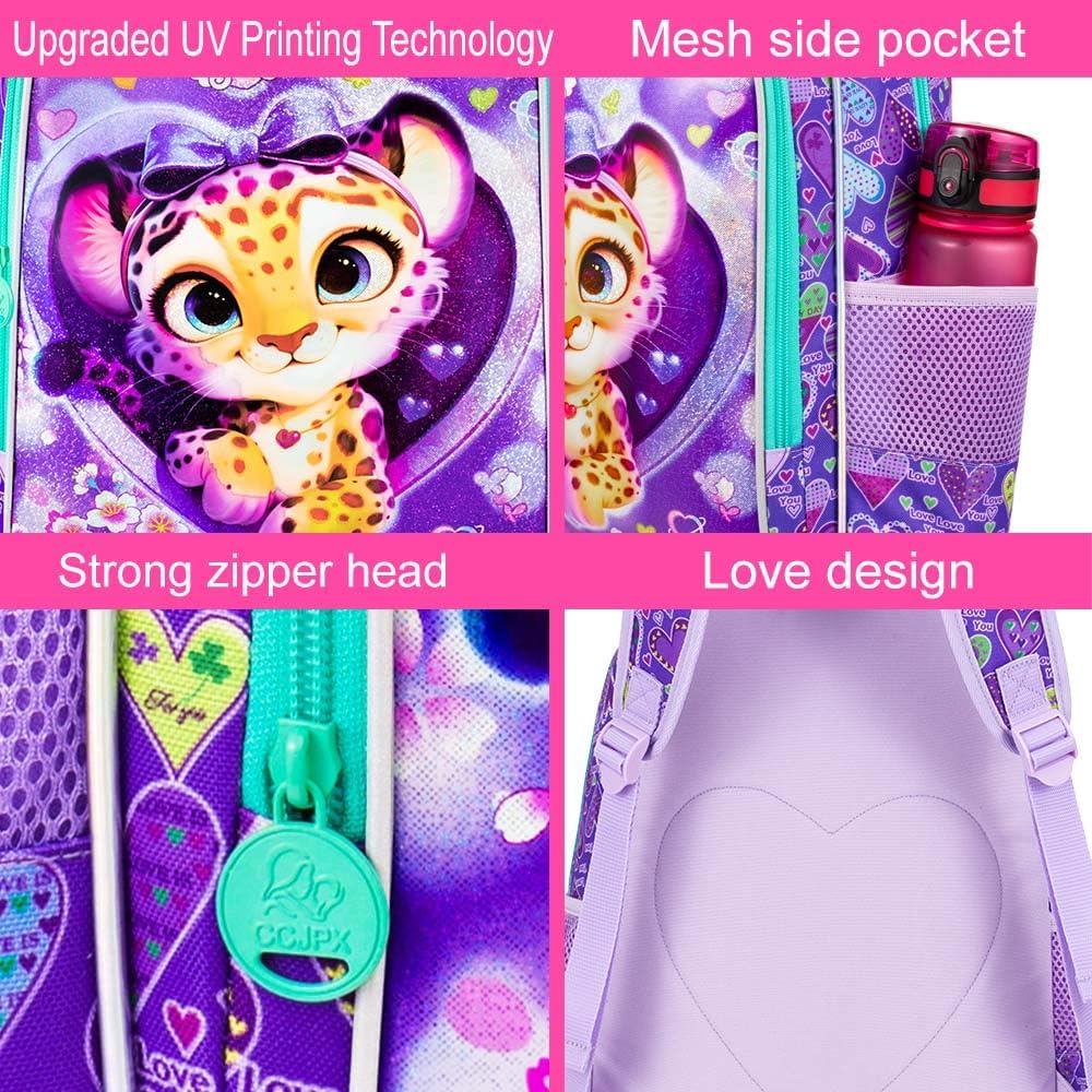 3PCS Girls Backpack, Kids Water Resistant Heart Bookbag Set with Lunch Box, Cute Kids School Bag for Preschool Toddler