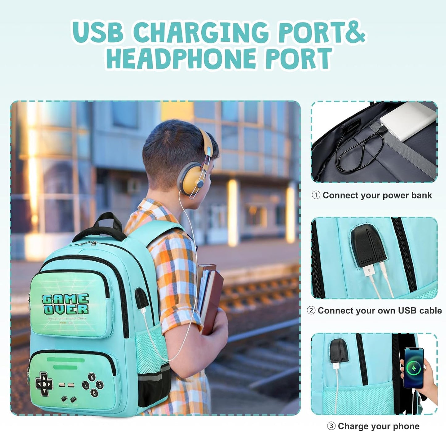 Gamer Backpack for Boys - Luminous School Backpack with Lunch Bag & Pencil Case - Boys' Elementary & Middle School Backpack with USB Charging Port (Green)