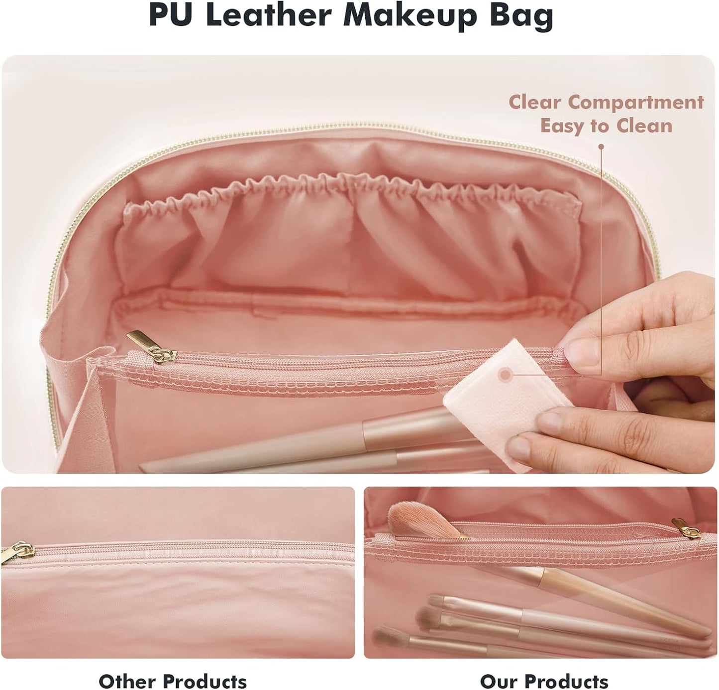 Prite Makeup Bag for Women Travel Waterproof Vegan Leather Cosmetic Bag Open Flat Toiletry Bag With