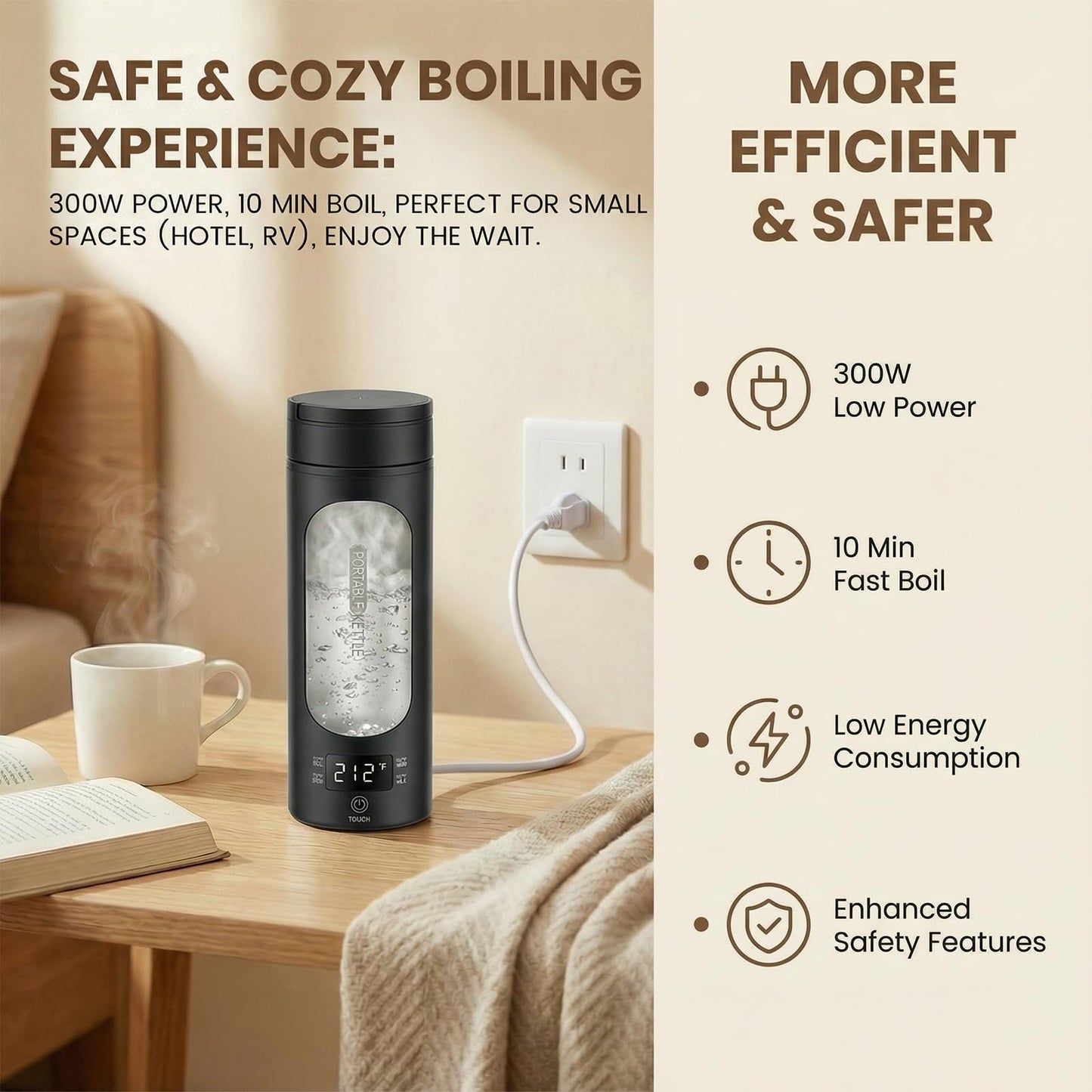 Rzlinn Portable Electric Kettle （120V）, Travel Tea Kettle, 316 Stainless Steel Premium Liner