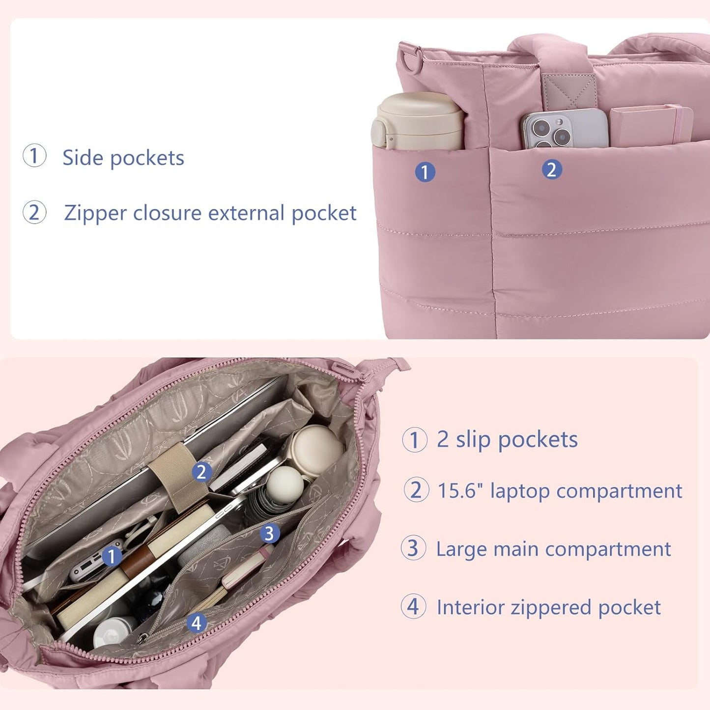 Tote Bag for Women Puffer Tote Bag Large Nurse Bags Shoulder Handbag with Zipper for Work Travel