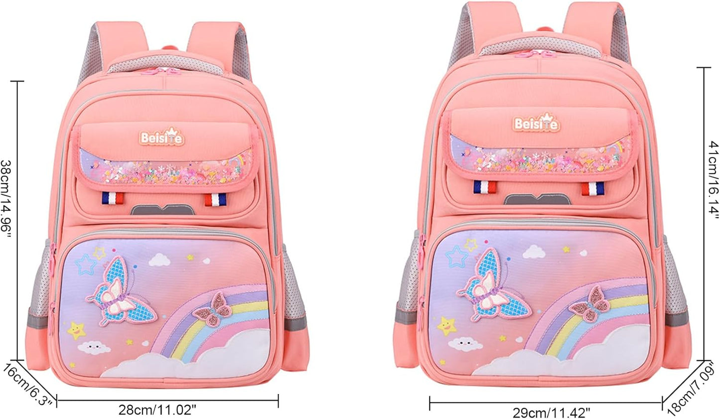 JiaYou Unisex Child Backpack Multi Layer Primary School Daypack with Detachable waist belt(Pink,21 Liters)