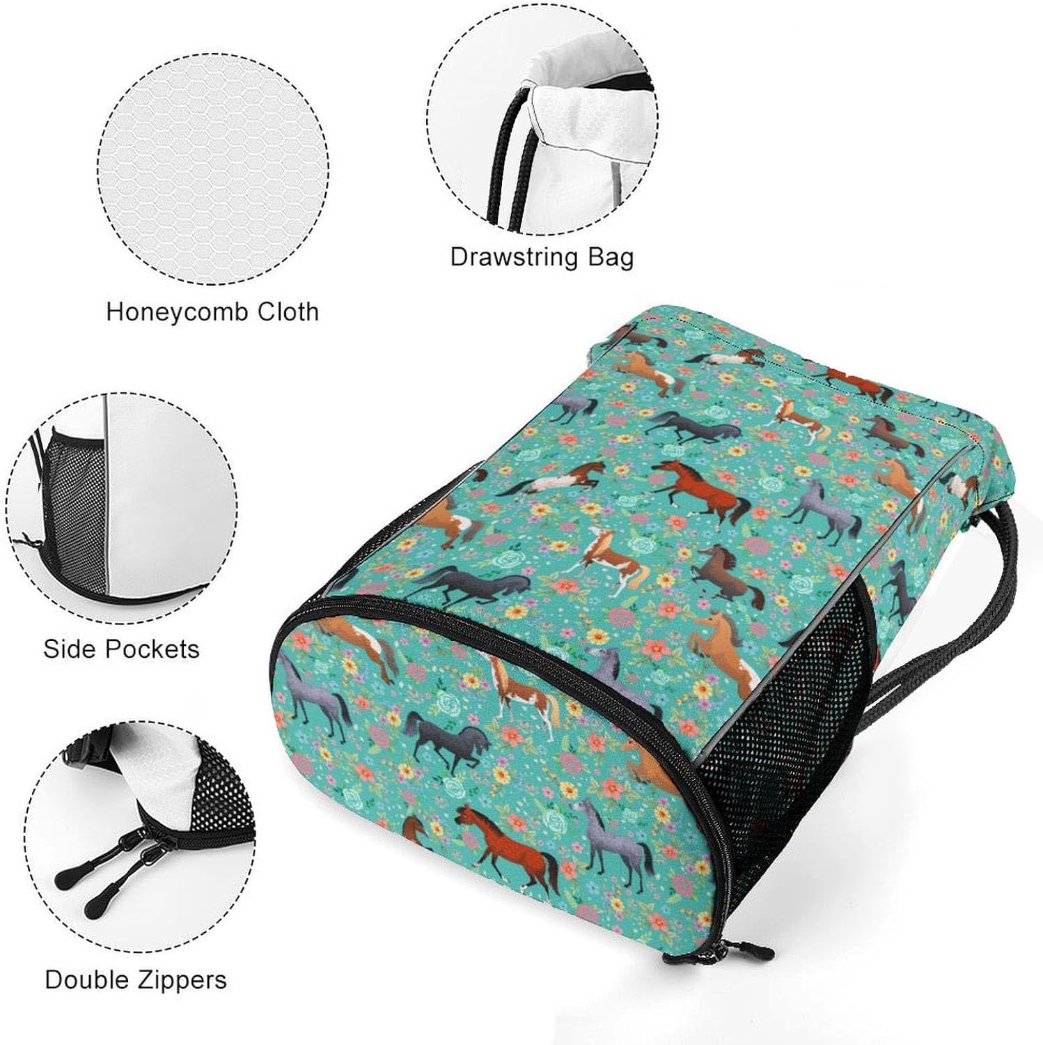 Horse Flower Drawstring Backpack Gym Bag With Shoe Compartment String Bag Sport Beach Swimming