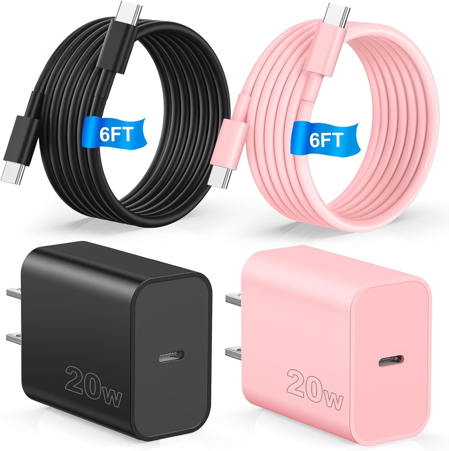 Compatible with iPhone 17 16 Charger Fast Charging,2 Pack USB C Charger Block,Type C Chagers with 6ft USB C Cable Compatible with iPhone 16/15/ Pro Max/Pro/Plus/Pad,Galay S25/S24/Plus/Ultra,Black/Pink
