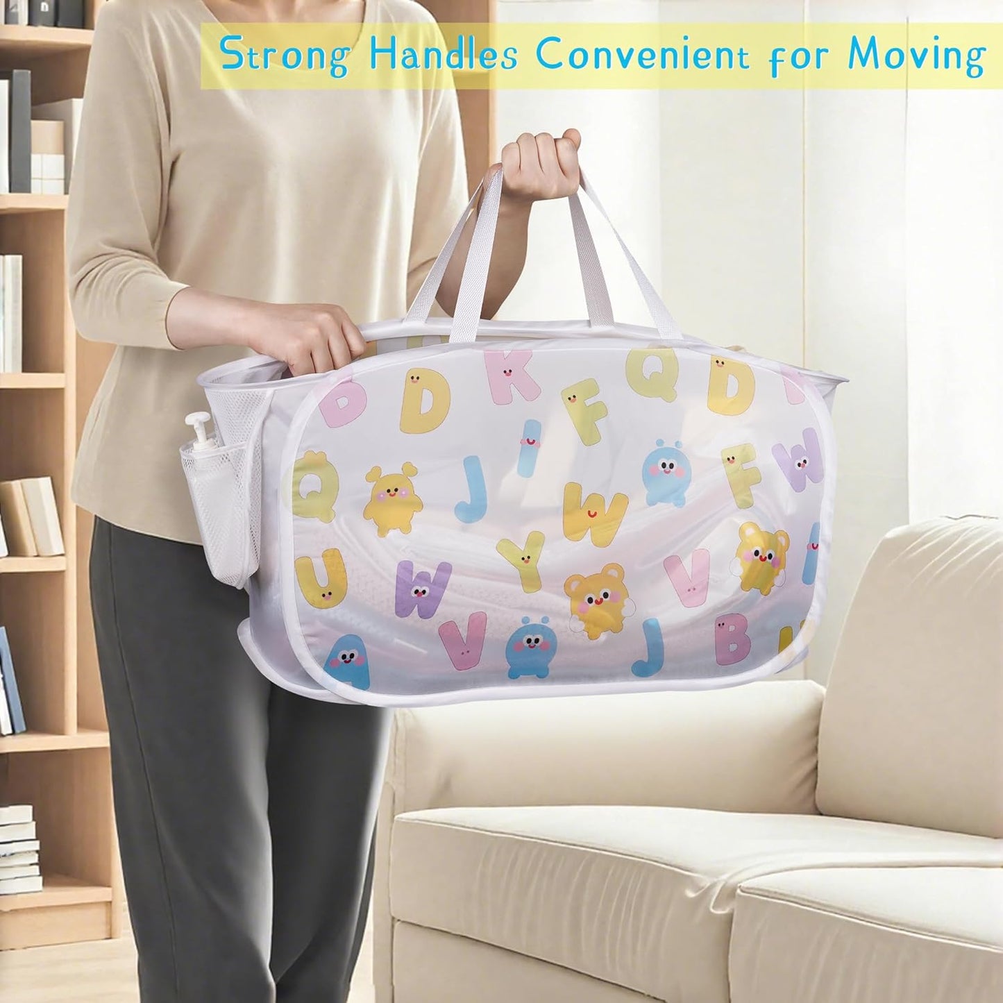 Collapsible Pop Up Hamper for Baby Clothes or Toys Storage, Mesh Hamper with Handles & Side Pocket, Multi-Use Laundry Hamper & Toy Basket, Portable for Home, Travel, Dorm (White-Horizontal)