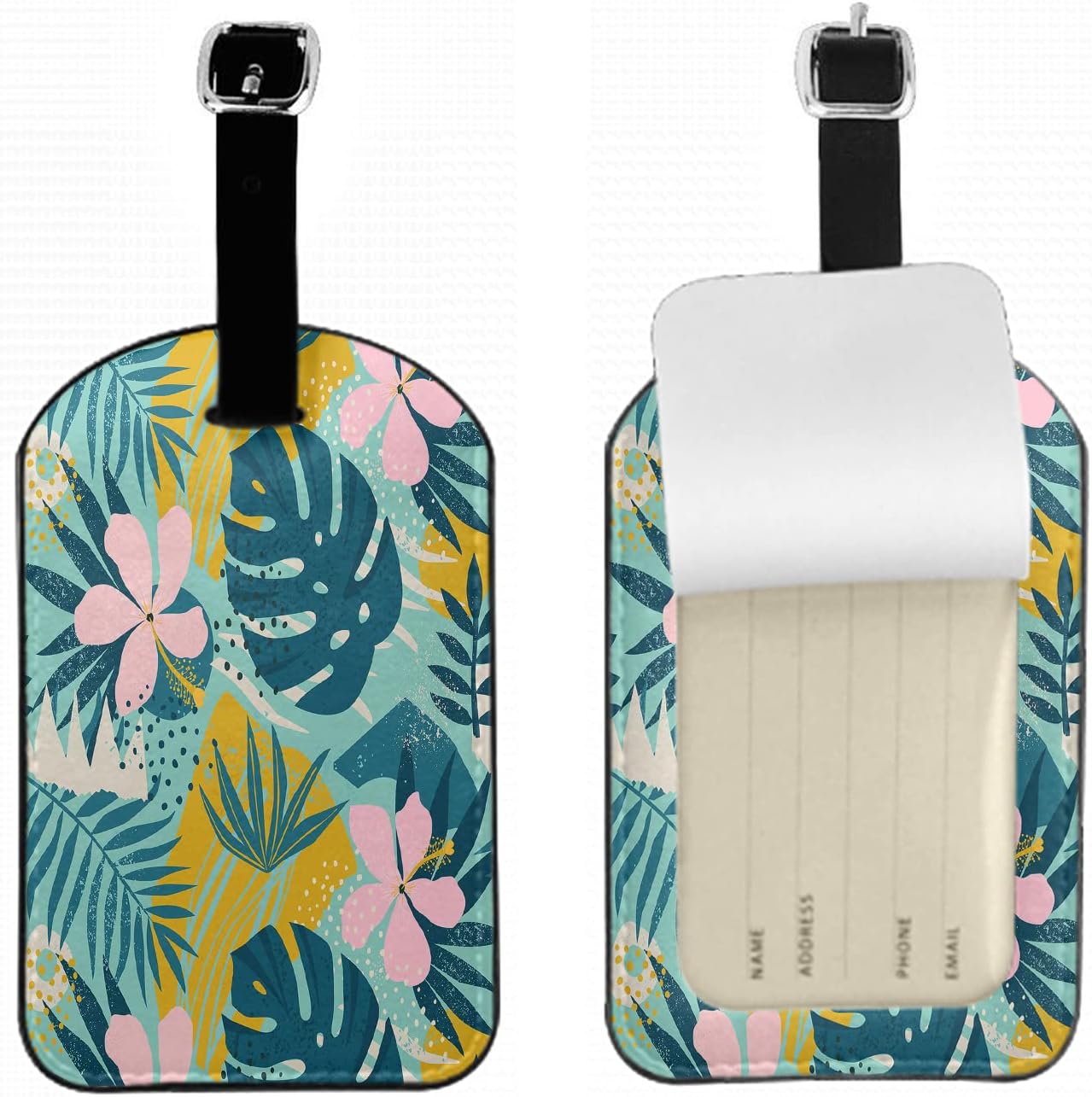 Tropical Flowers Suitcase ID Tag Identifiers Hawaii Palm Leaves Hibiscus Jungle Plants Leather Luggage Tags Travel Bag Tag Fully Bendable Baggage Labels, 1 Pack
