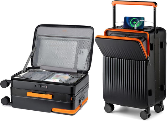 Joyway Carry on Luggage Airline Approved with Charging Port, Lightweight Hardside 20 Inch Carry-on Suitcase with TSA Lock and Spinner Wheels (Black, Carry on luggage with Cover)