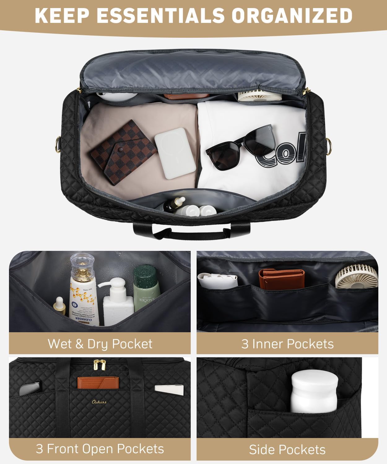 Duffle Bag for Travel, Weekender Bag with Shoe Compartment, Carry On Overnight Bag for Women with Toiletry Bag Duffel Bags with Wet Pocket for Gym Hospital Bags for Labor and Delivery Black
