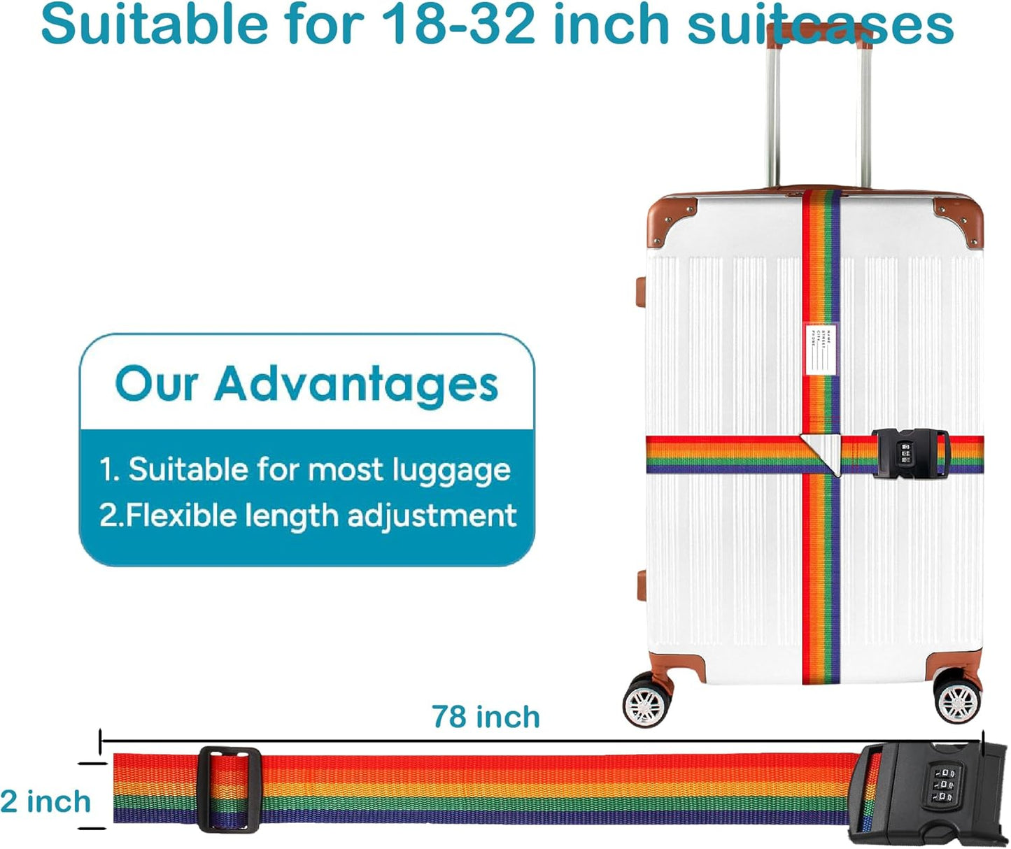 Nylon Luggage Straps for Suitcase Security Identification Accessories,Heavy Duty Packing Belt with Buckle Adjustable Length for 20"-34" Size Travel Case, 1 Pack Rainbow Colors 4M Length