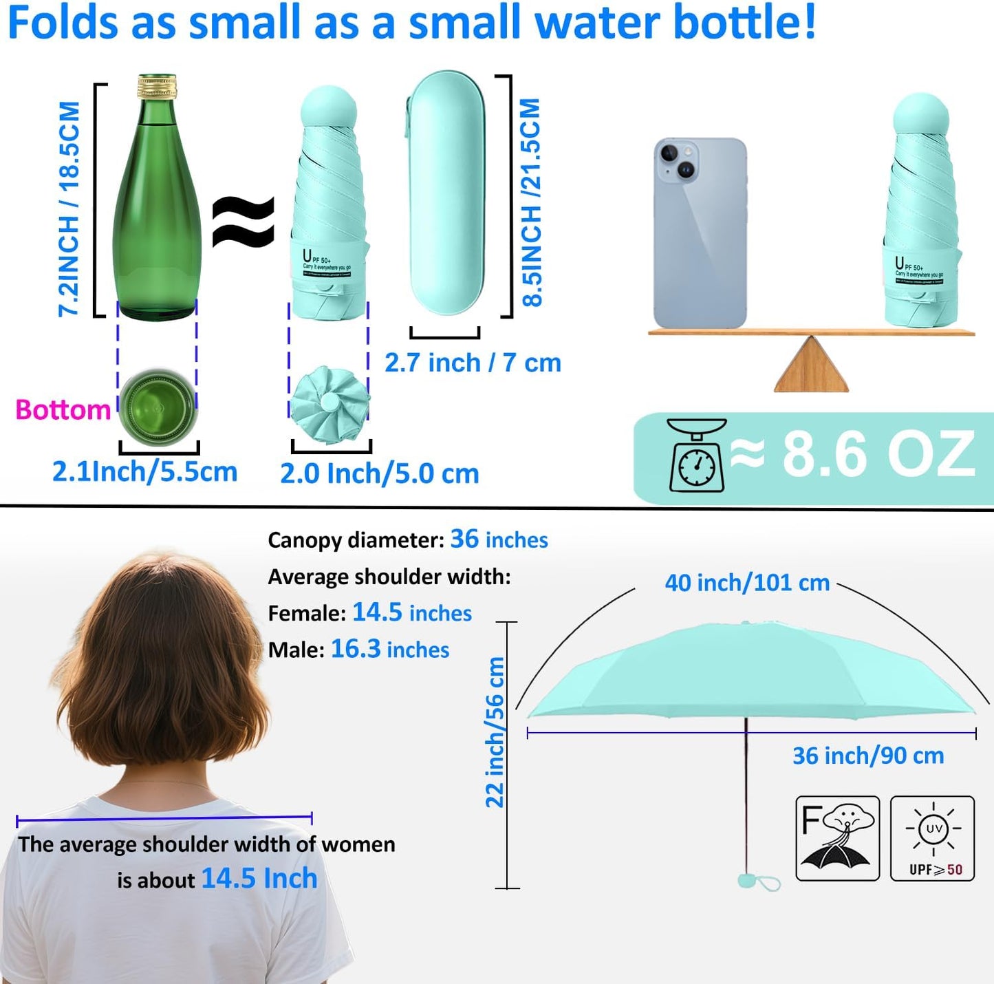 BAODINI Travel Essentials Mini Umbrella for Purse With Case Small Compact UV Sun Protection Lightweight Tiny Pocket Manual Open Close Umbrella for Women Kids and Men Fit Purse Backpack