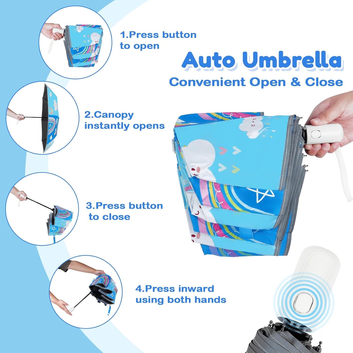 Autoamtic Kids Umbrella UV Resistant, Folding Compact Umbrella 360° Reflective Strip for Travel Outdoor, Lightweight Cute Kids Parasol Anti-rebound Safe for Toddler