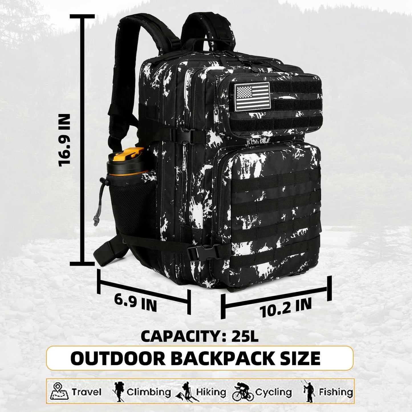 25L Tactical Backpack for Men and Women Military Backpack Army Assault Pack Molle Backpack Small Bug Out Bag Travel Rucksack Daypack (Black Lightning)