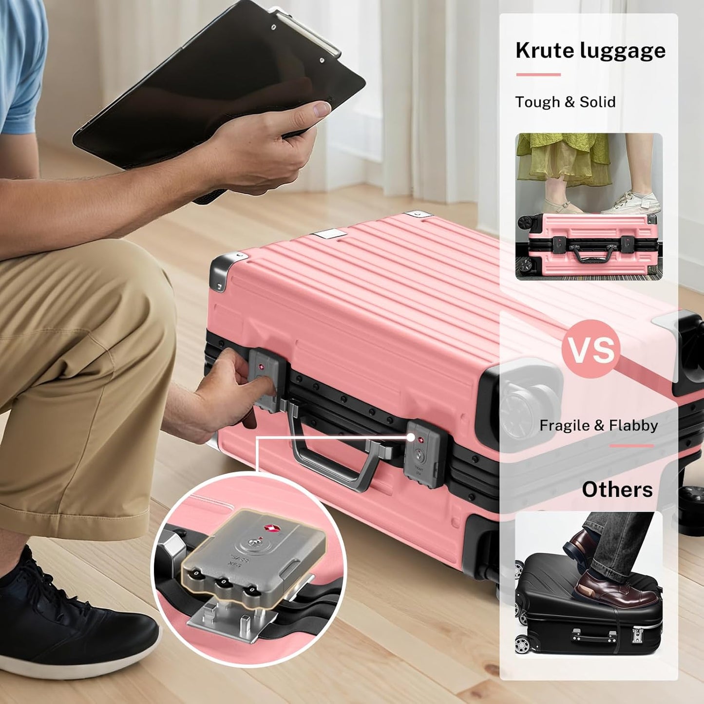 Krute Checked Aluminum Frame Suitcase 24 Inch Zipperless Luggages Hardside PC Luggage With Spinner Wheels TSA Lock USB Charger Suitcases(1 Piece)