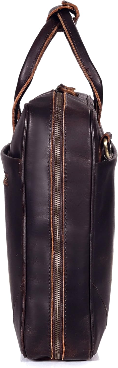 Full Grain Leather Slim Briefcase for Men Laptop Messenger Shoulder Brown Vintage Attache Computer Business Work Lawyer Bag