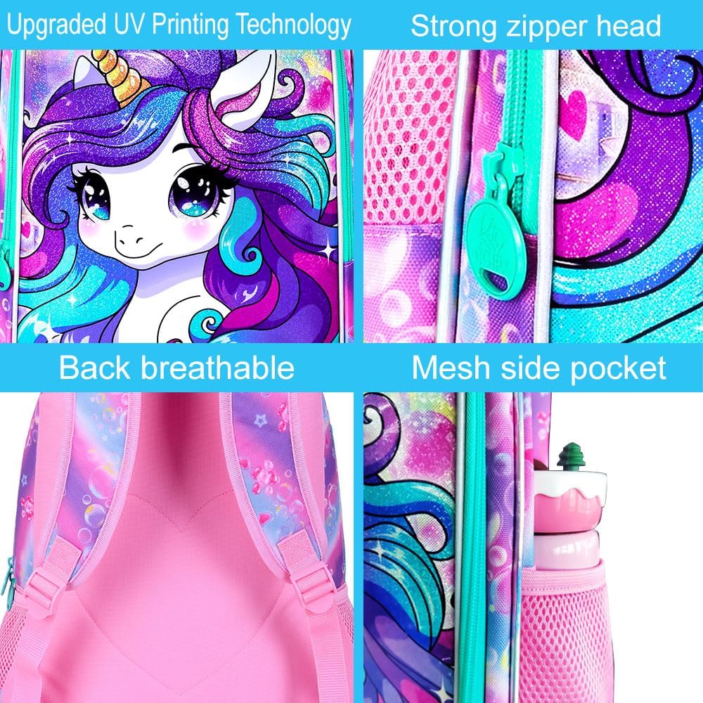 CCJPX 3PCS Unicorn Backpack for Girls, 16”Kids Preschool Bookbag Set, Cute Water Resistant Elementary School Bag and Lunch Box