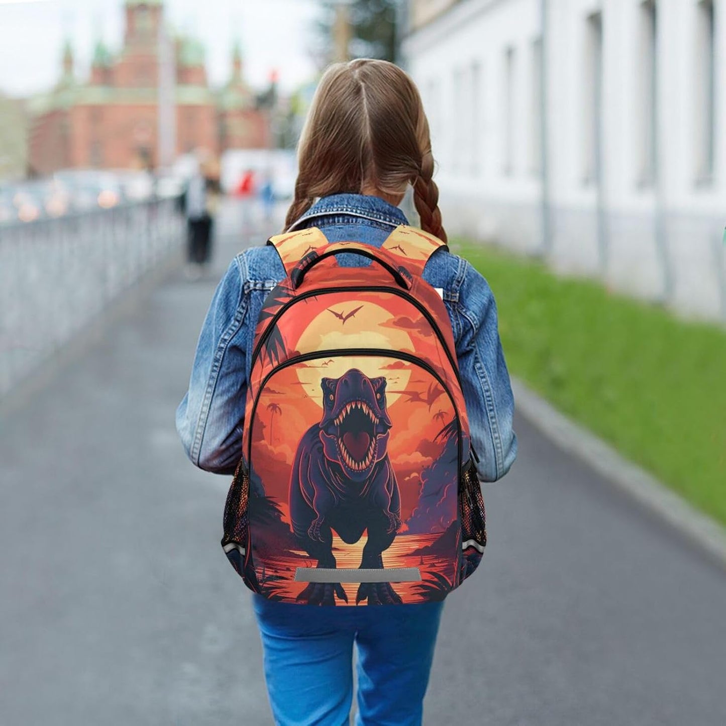 Dinosaur Sunset Backpack for Boys Girls Elementary School Bag Kids Bookbag Travel Rucksack
