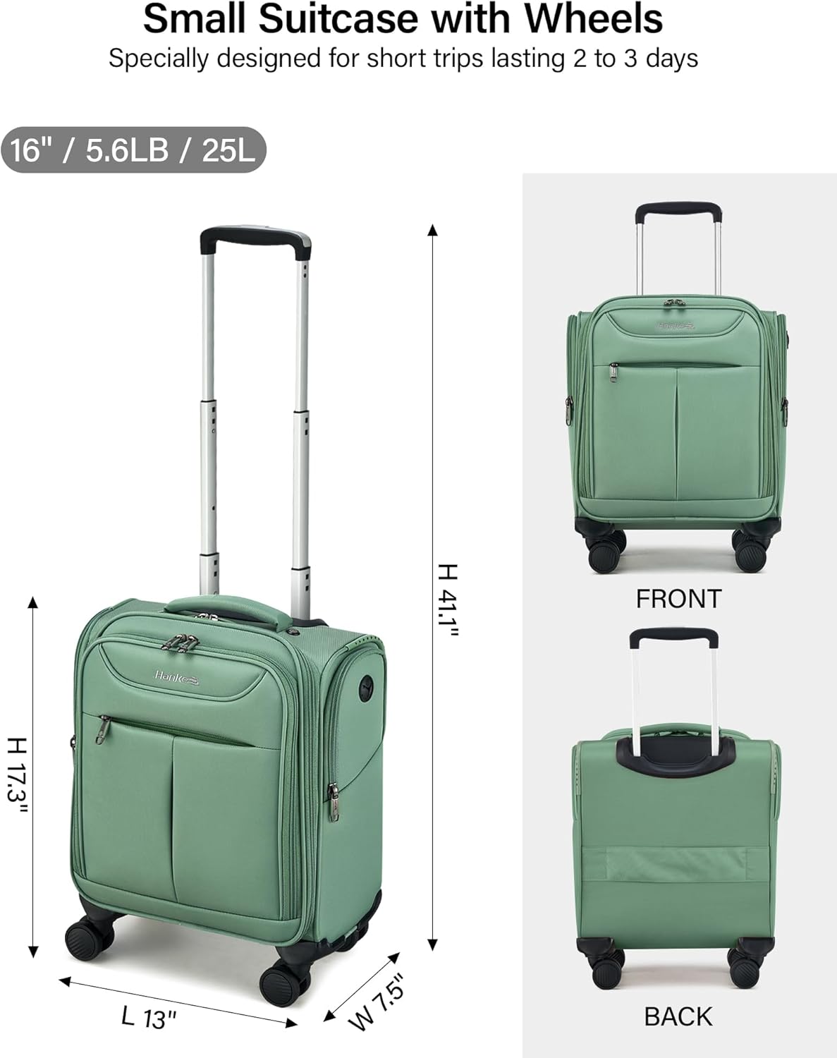 Hanke Underseat Carry On Luggage with Wheels, Lightweight Small Suitcase Airline Approved 16 Inch Softside Personal Item Travel Bag for Women Men, Compact Under Seat Luggage.(Forest Green)