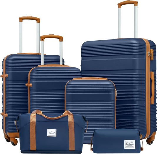 LONG VACATION 6 Piece ABS+PC Hardshell Luggage Set with Spinner Wheels, Lightweight suitcase set with TSA Lock & YKK Zipper