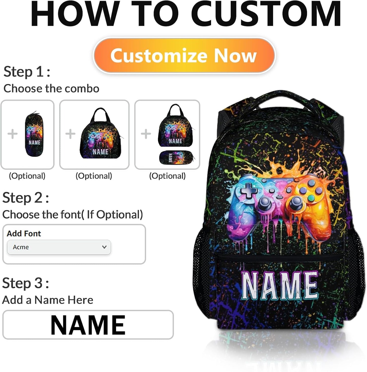 School Backpack for Kids Boys, Custom Schoolbag Gifts for Gamer Lovers, 17" Cool Gaming Backpacks for Preschool Elementary Middle School, Personalized Large Capacity Game Bookbag for Students