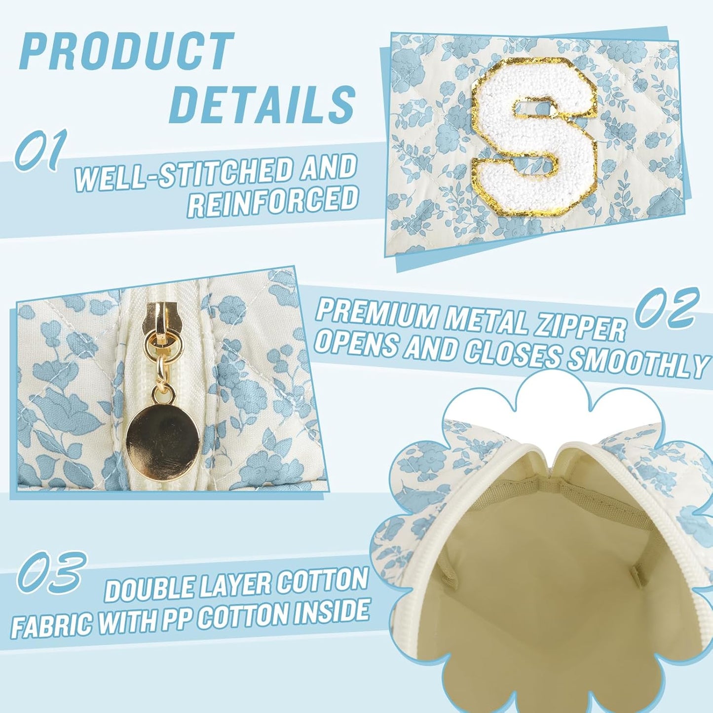 Personalized Quilted Cosmetic Bag, Puffy Monogrammed Christmas Birthday Gifts for Women & Girls, Cute initial Floral Makeup Bag Puffer Coquette Bag, Aesthetic Travel Toiletry Zipper Pouch(Blue,S)