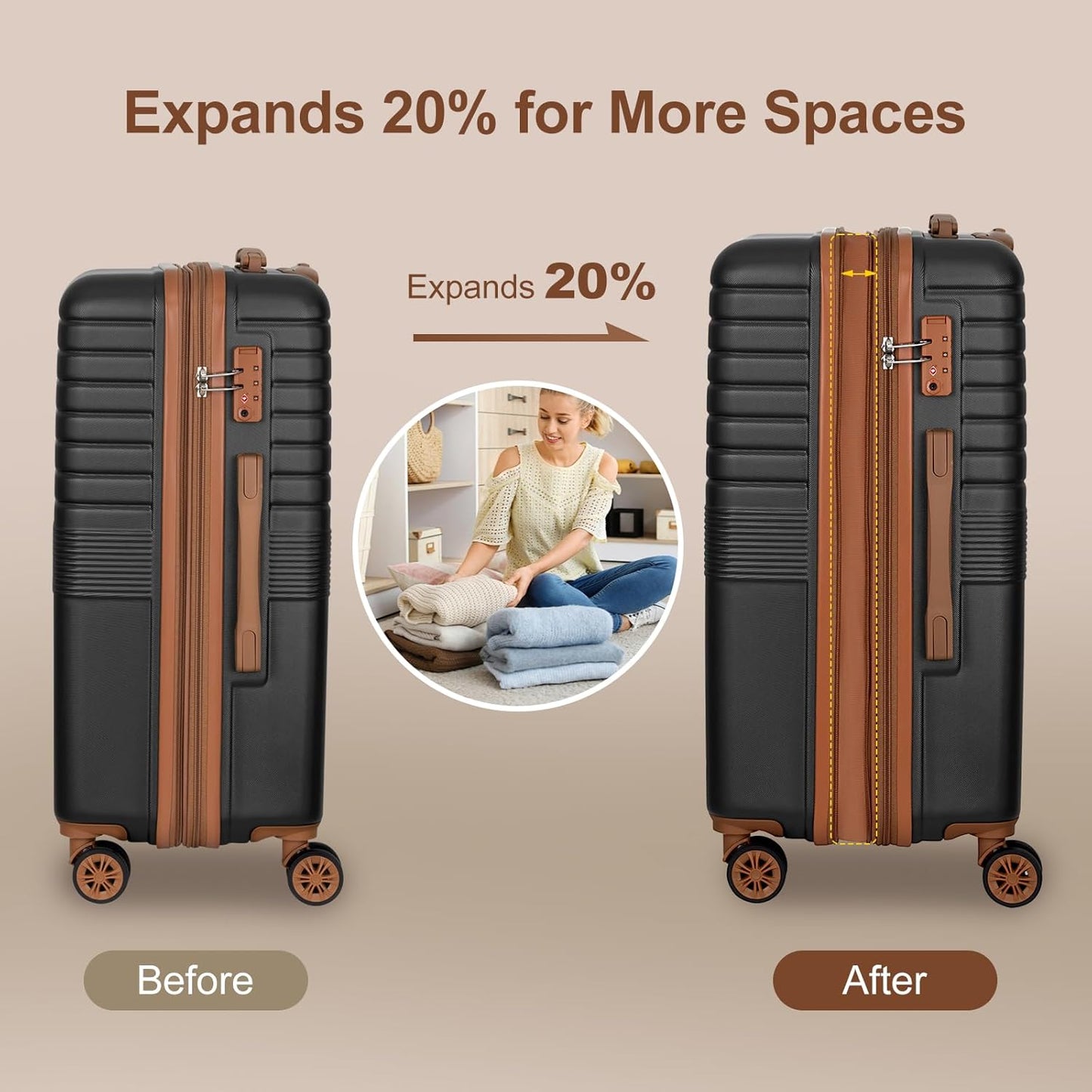 Romswi Luggage Sets 2 Piece, Expandable Carry On Luggage 20In with Travel Backpack, PC+ABS Hardside Suitcase Set with TSA Lock, Durable Carry On Suitcase with Spinner Wheels for Men Black