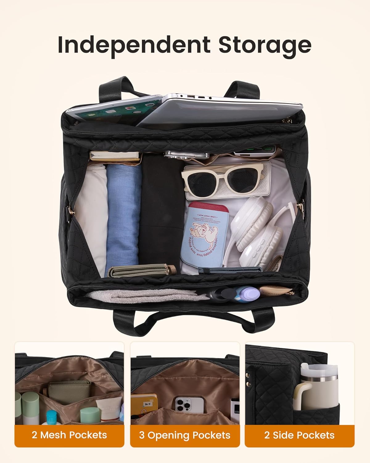 LOVEVOOK Large Travel Duffle Bag for Women, 45L Weekender Bags with Shoe Compartment & Wet Pocket, Quilted Carry On Personal Item Bag, Overnight Hospital Bags for Labor Delivery Black