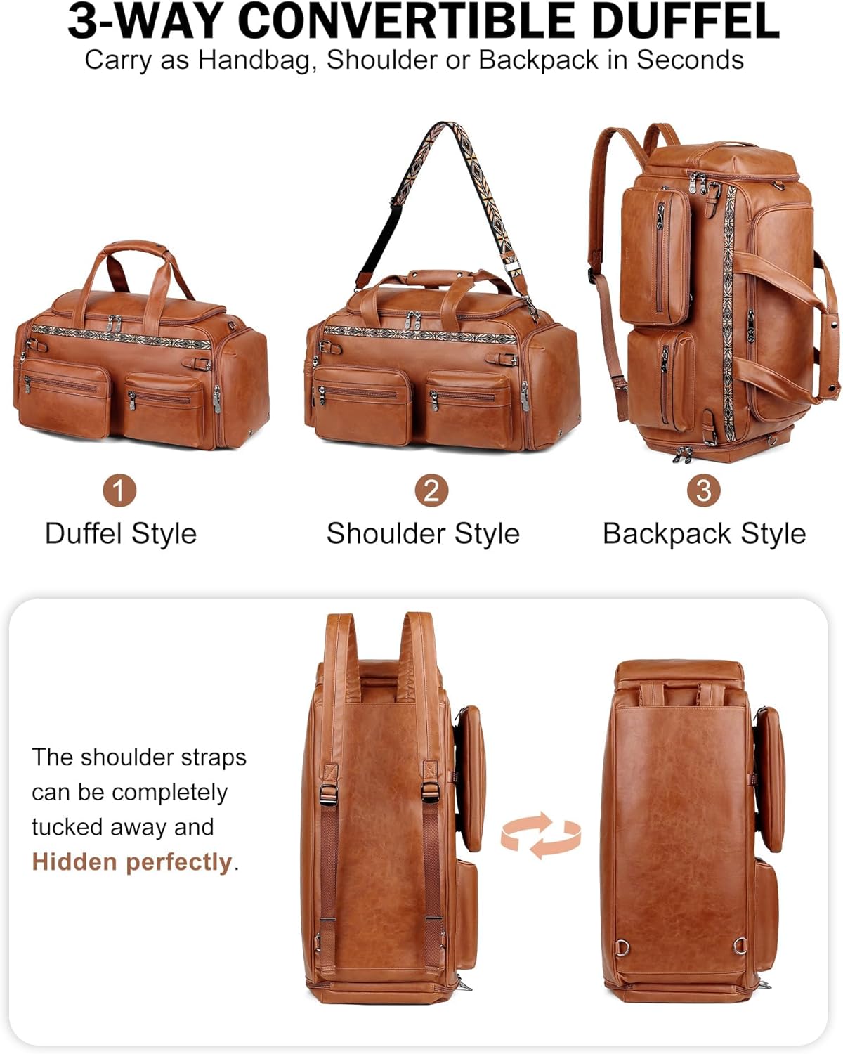 FADEON Duffle Bag for Women, Large Convertible Carry on Overnight Backpack, Designer Leather Mens