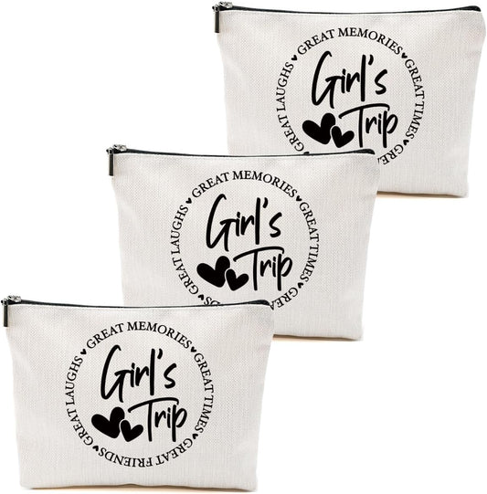 3Pcs Girls Trip Gifts Favors, 2025 Girls Weekend Gifts Funny Makeup Bag, Bestie Gifts Weekend Bag Vacation Cosmetic Bag, Friendship Gifts for Women Friend BFF, Graduation Wedding Gifts Toiletry Bag