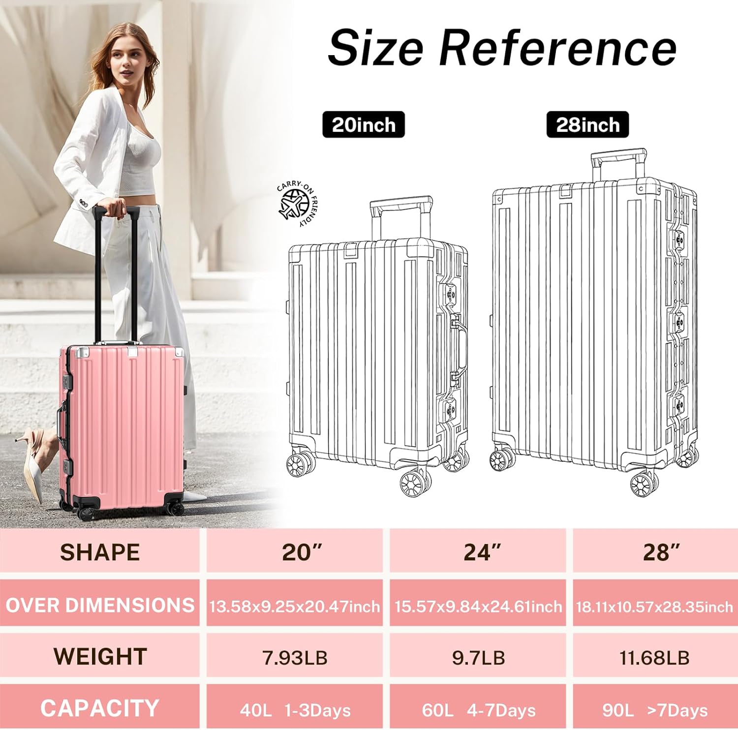 Krute Luggage 24 Inch Aluminum Frame Zipperless Suitcase with Spinner Wheels Checked Luggage PC+ABS