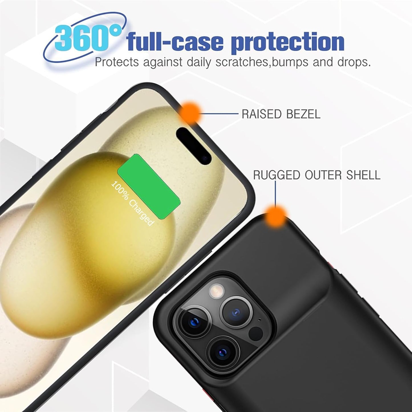 Battery Case for iPhone 15 Pro, Full Encircle 8000mAh Ultra-Slim Rechargeable Portable Charging Cover Extended Battery Pack Compatible with iPhone 15 Pro (6.1 inch) Charger Case Support Carplay-Black