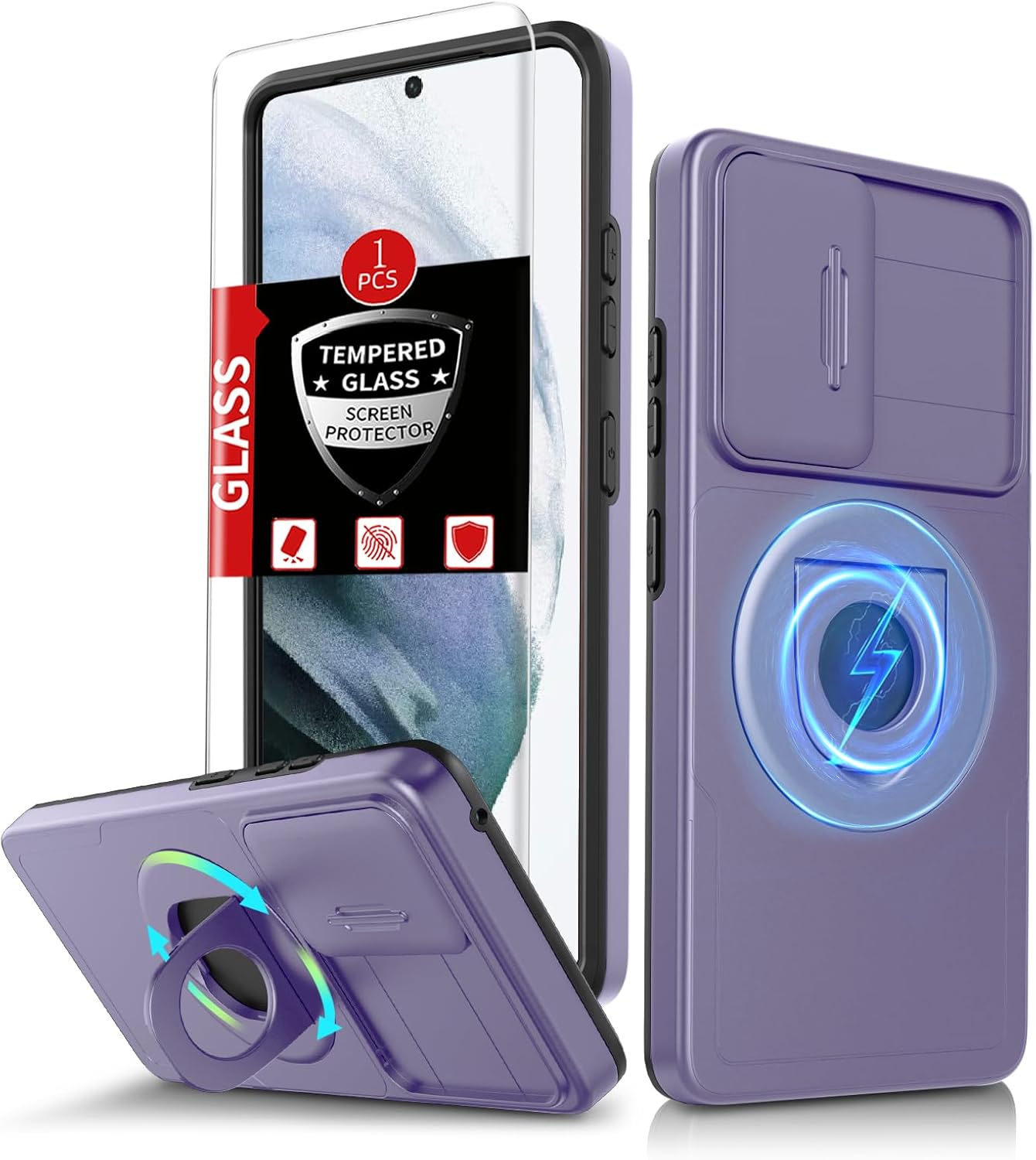for Samsung Galaxy S21Plus Case Magnetic Compatible with MagSafe Wireless Charging,with Screen Protector,for S21+Plus Case with Stand Ring+Camera Cover Shockproof Heavy Duty Protection Purple