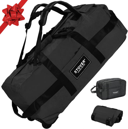 STOVER 80L Rolling Duffel Bag with Wheels, Large Durable Travel Duffle + Toiletry Bag, Heavy Duty, Packable, Foldable with Shoulder Straps- Use as Luggage or Backpack, Men/Women (Black)
