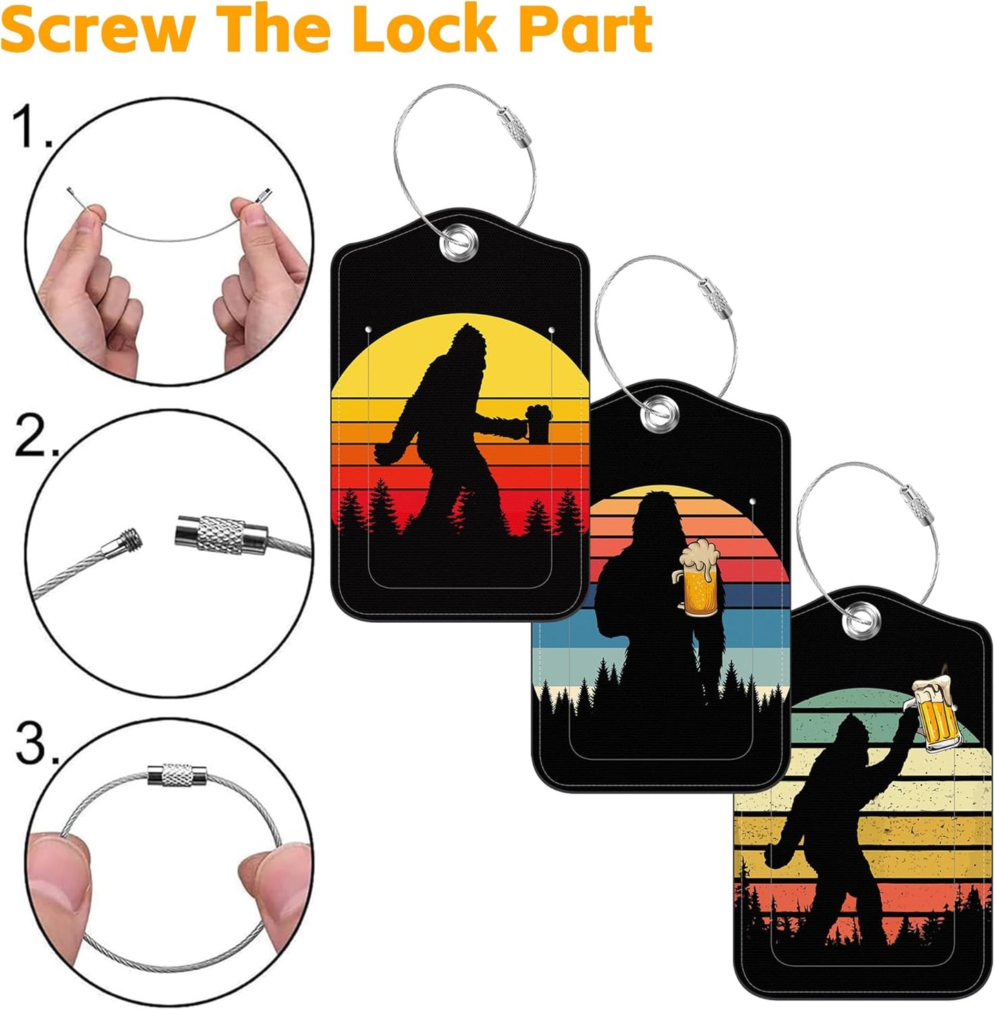 Sasquatch Luggage Tag for Suitcase 3 Pack Leather Luggage Tag with Privacy Flap Name ID Label and Metal Loop for Women Men Travel