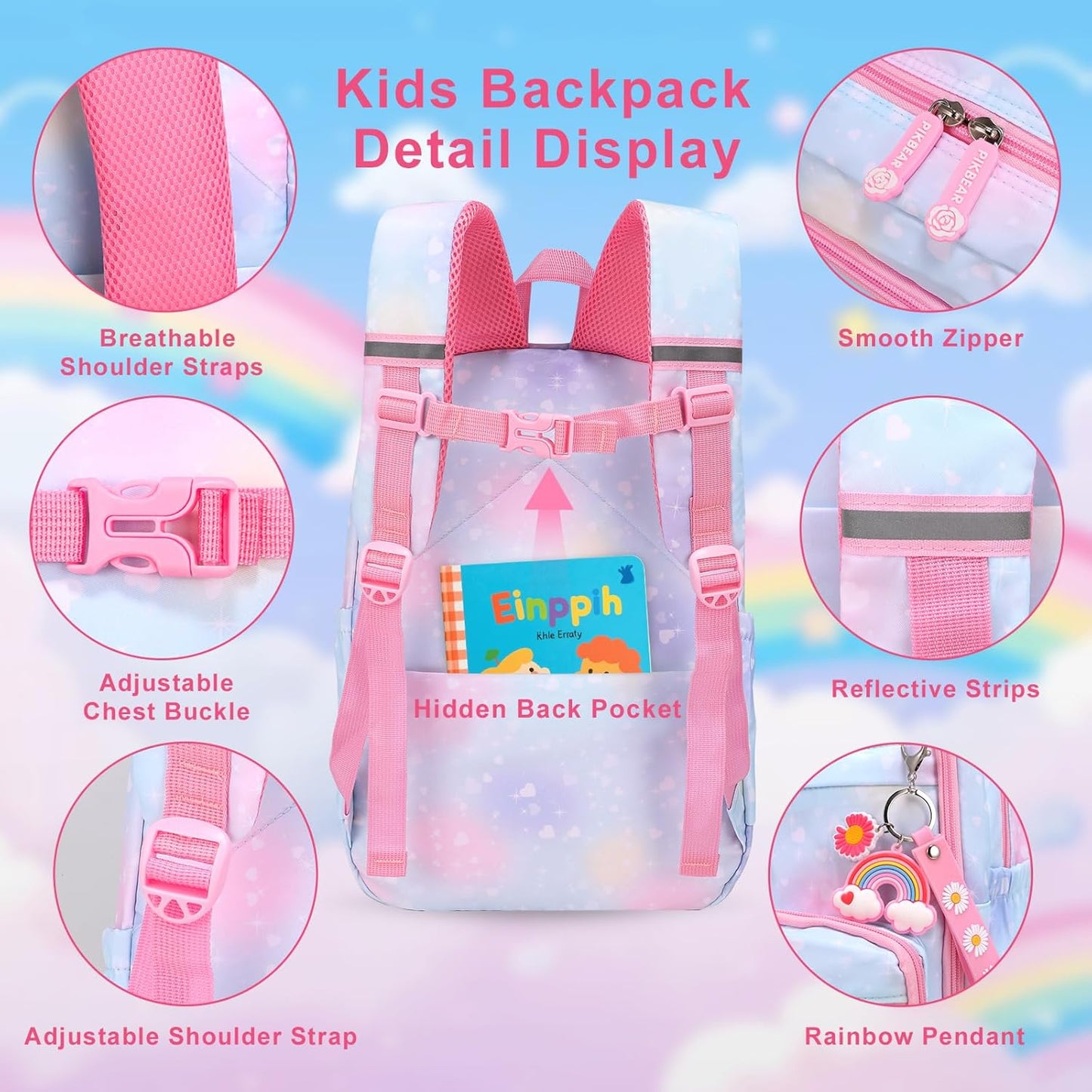 Girls Backpack Set 3 IN 1,Cute Rainbow Kids Backpack with Insulated Lunch Box Pen Case Set Student School bag(Blue-3 pieces set)