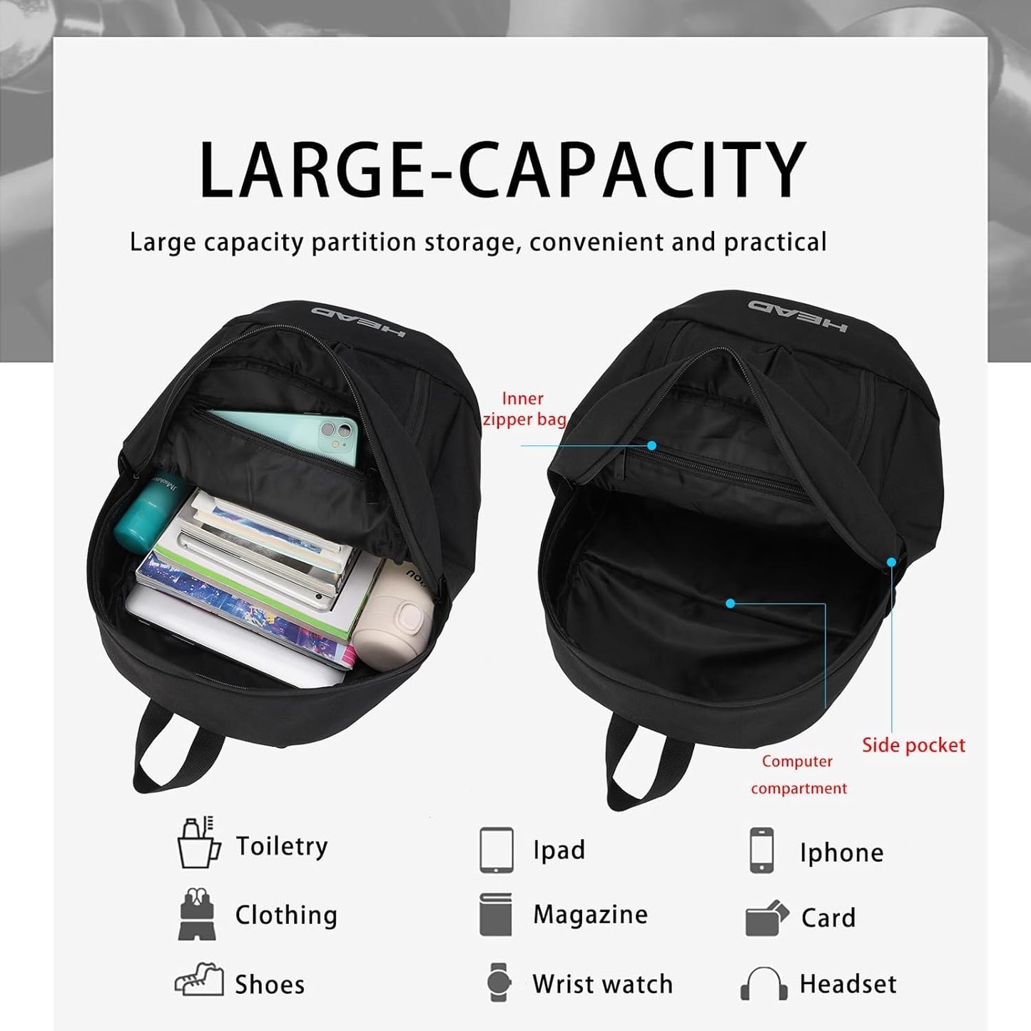 HEAD 30L Waterproof Travel Backpack for Men, 15.6 inch Laptop Backpack, Casual Daypack Backpacks for Sport Gym/Workout/College