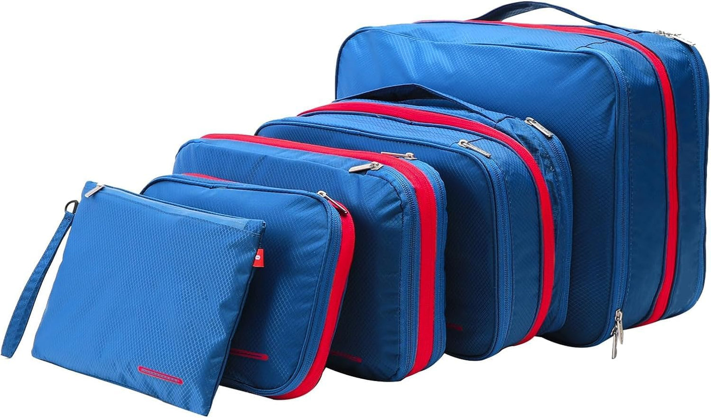 Bee Nesting BeeNesting Waterproof Compression Packing Cubes 5/6/8 sets, Large Travel Packing organizers for Carry on Luggage, 2 Sides Expandable Storage Bags (Blue Red, G5set)